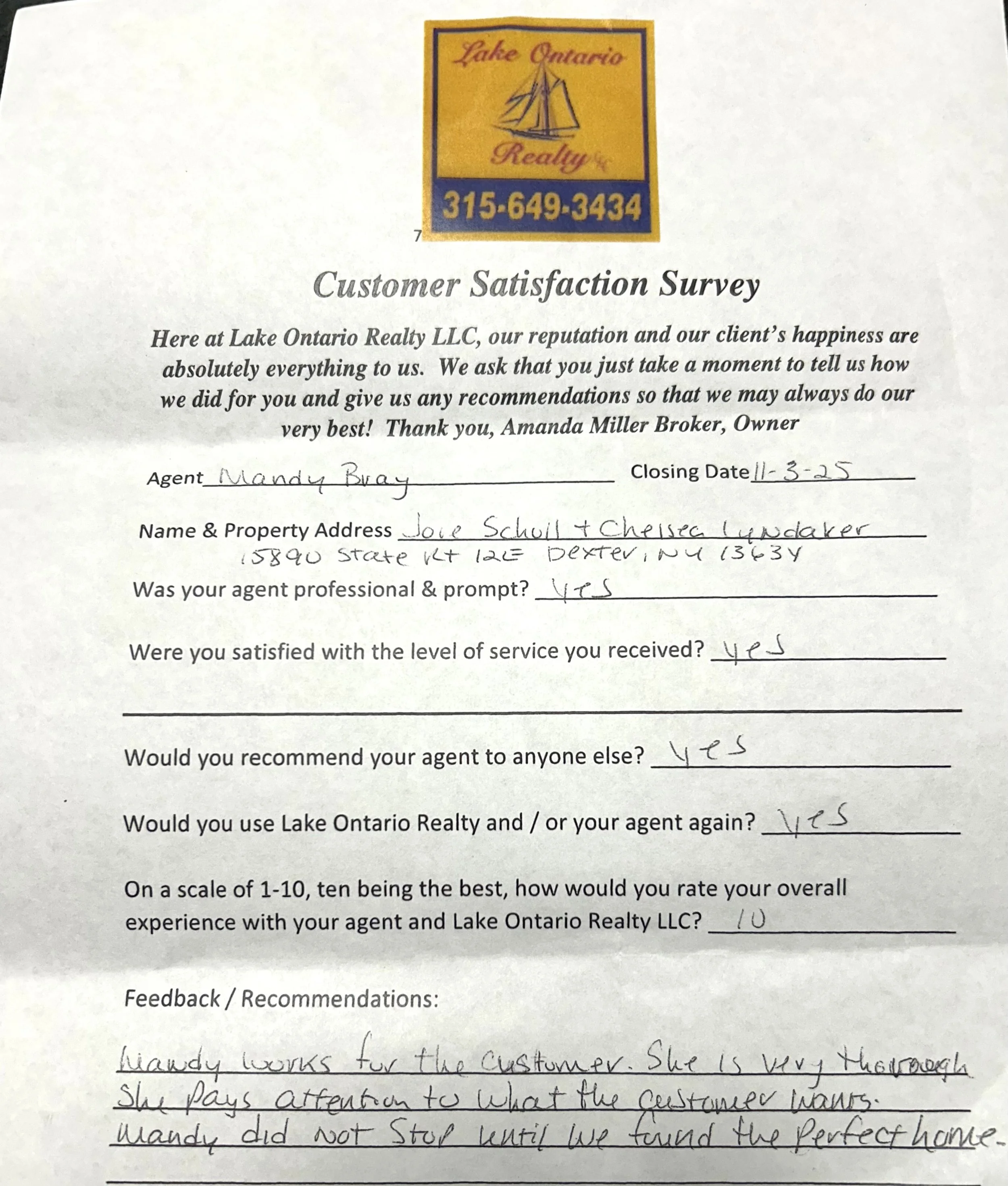 Customer satisfaction survey filled out at Lake Ontario Realty LLC, with the company's logo at the top, including a boat and contact number, and handwritten responses about a real estate agent named Mandy Bray.