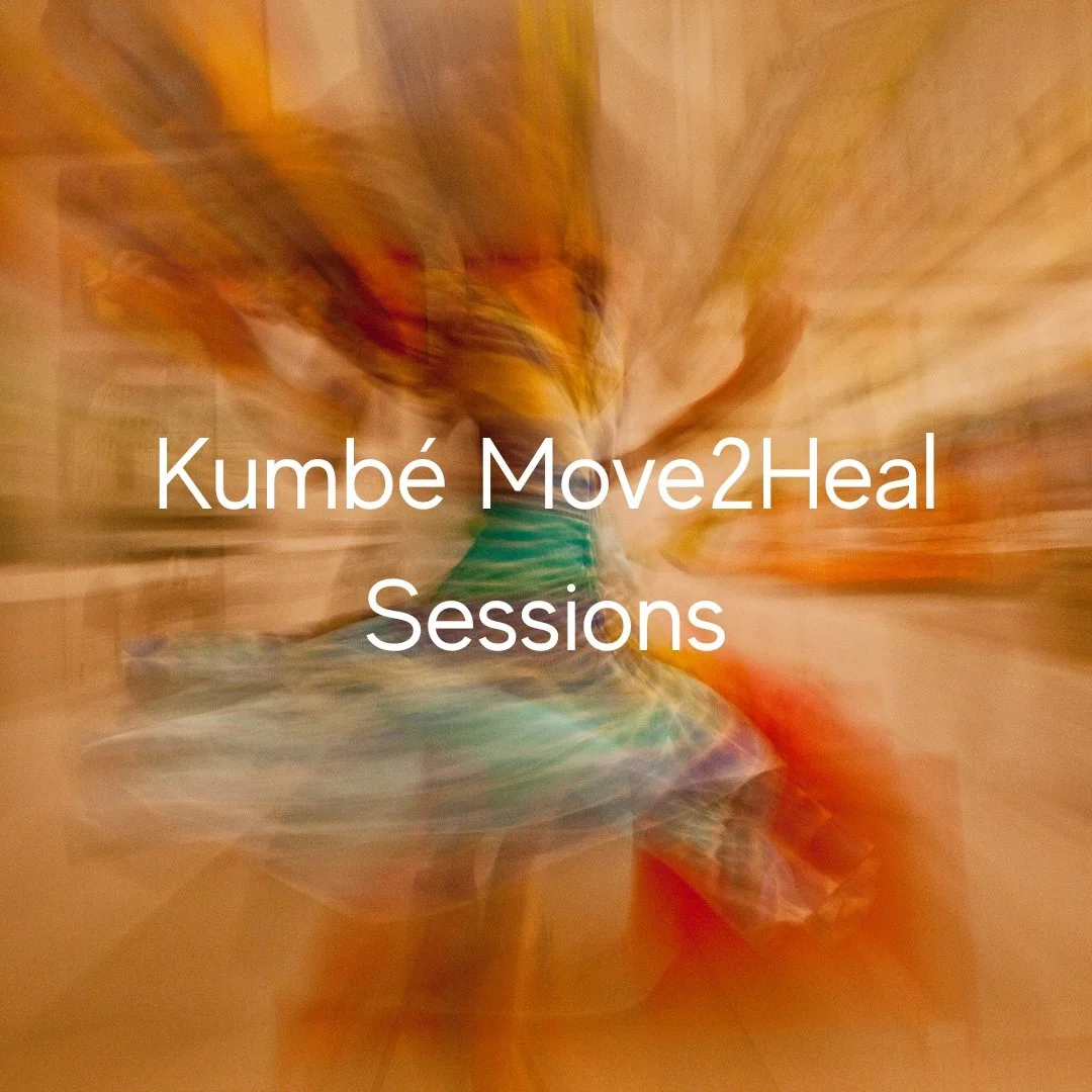 A blurred image of a person dancing or moving energetically, wearing colorful clothing, with the text "Kumbé Move2Heal Sessions" overlaid.