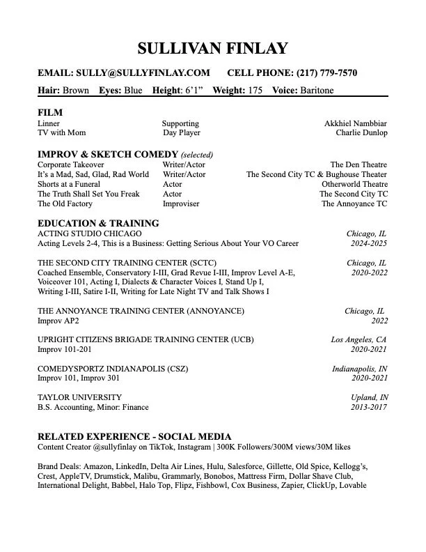 A resume for Sullivan Finlay detailing personal information, film experience, comedy and acting training, social media, and education.
