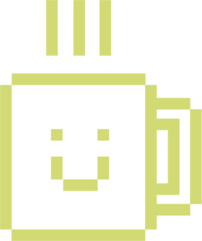 Pixel art of a coffee mug with a smiling face, steam rising from the top.
