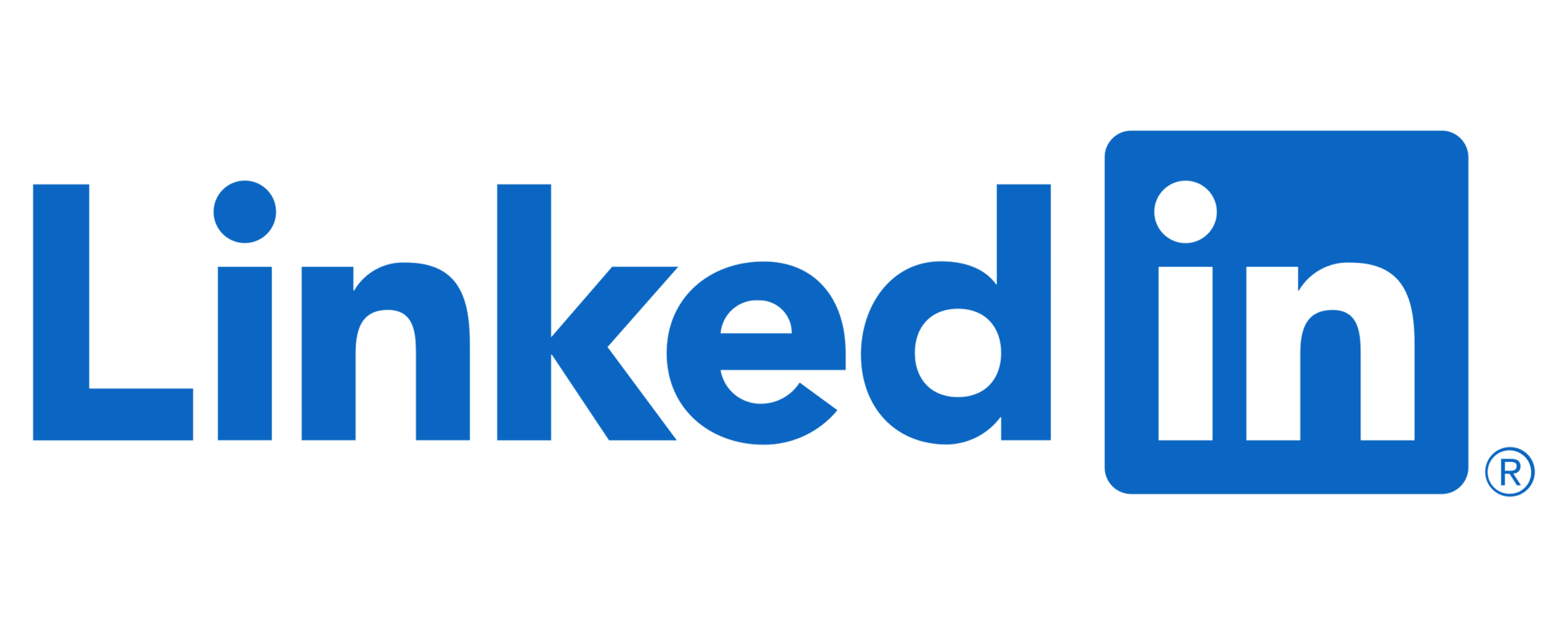 Blue text that says 'LinkedIn' with a blue square around the word logo.