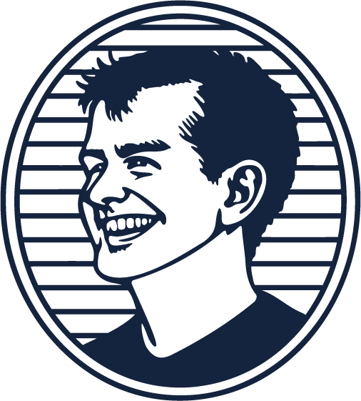 Line art illustration of a smiling young man with short hair, within an oval frame with horizontal lines background.