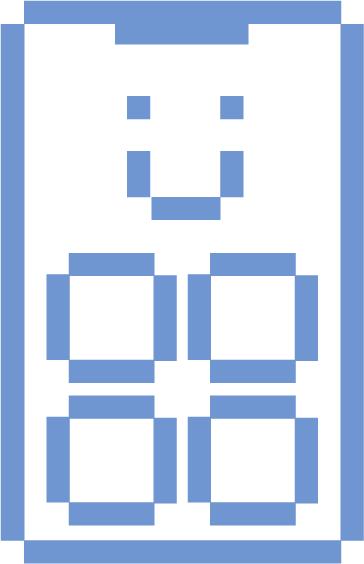 Pixel art depiction of a bear face with a smiling mouth and two round eyes, above four empty squares arranged in two rows, all on a blue background.