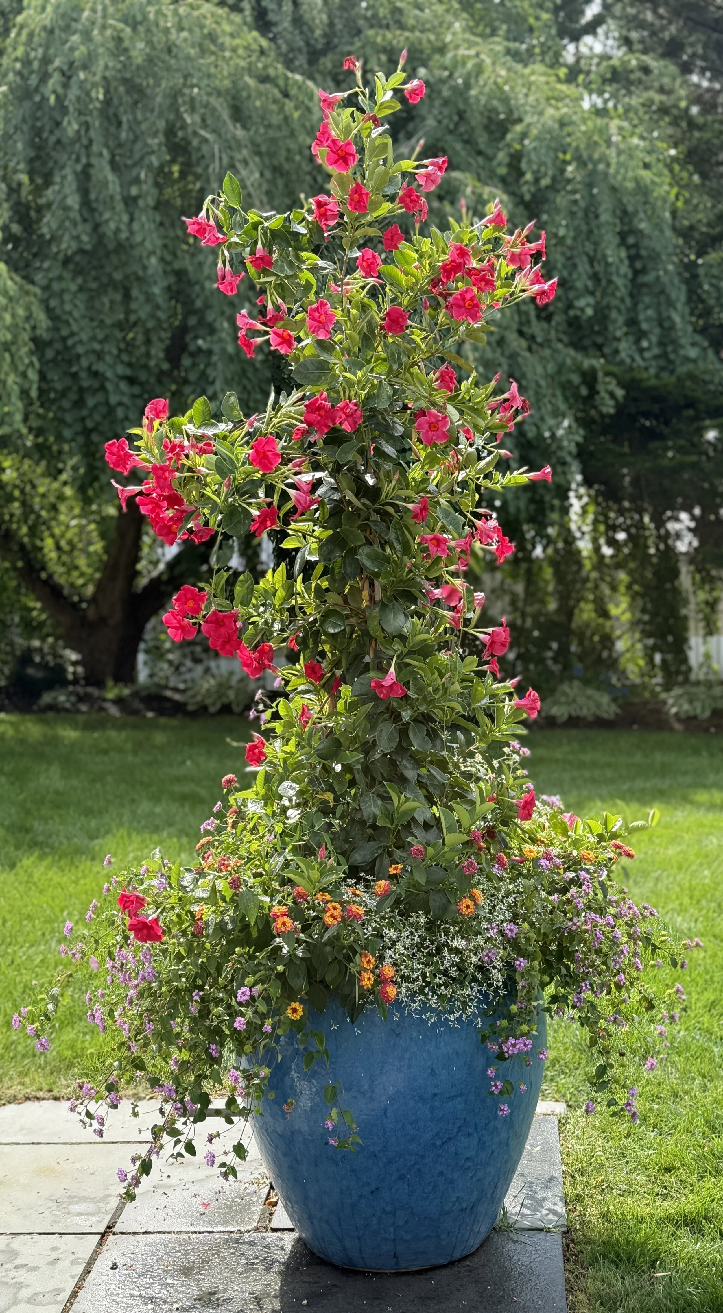 Tall flower arrangement in a blue pot with pink, orange, purple, and white flowers, placed outdoors on a stone surface with grass, trees, and a garden background.