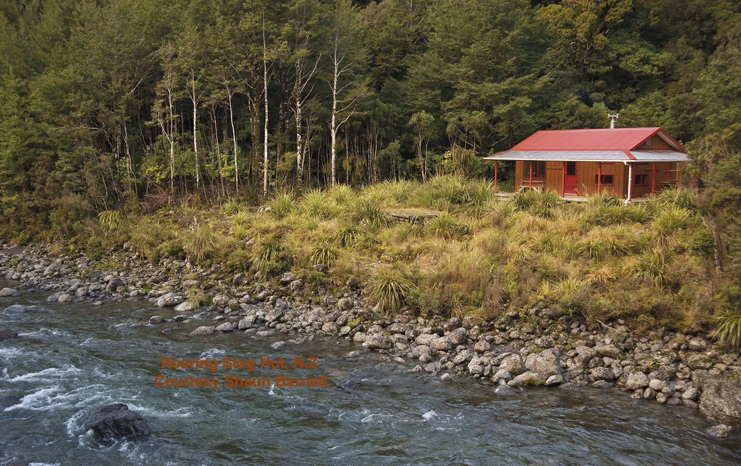 Roaring Stag Lodge II, originally built by a club, NZ Deerstalkers Association, over a period of four years. Rebuilt by DOC in 2005.