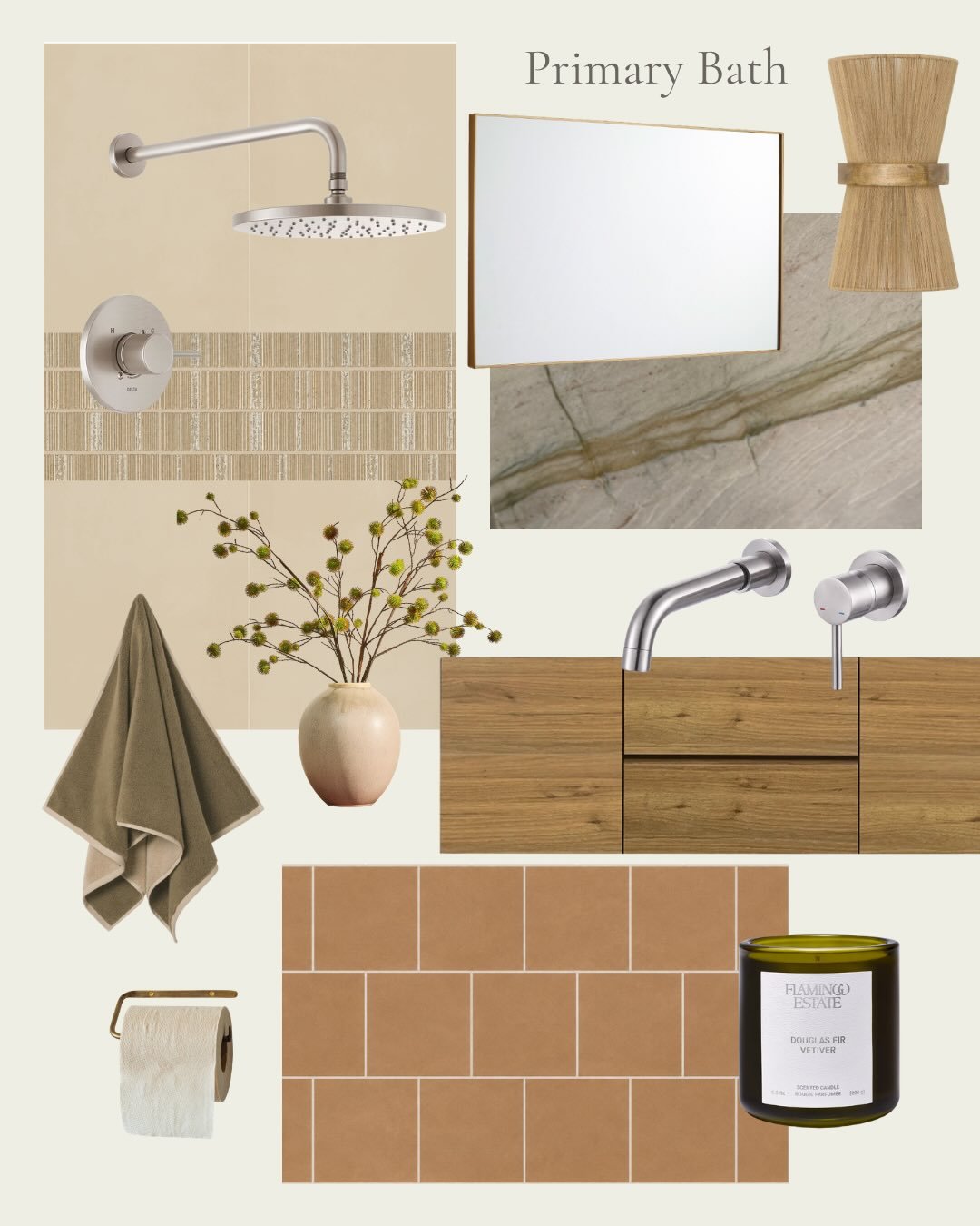 Design direction for an upcoming Carlsbad primary and guest bath renovation. 

Our aim is to blend a bohemian and organic feel with the home&rsquo;s mid century modern architecture. I like to maintain some level of continuity between spaces - in this