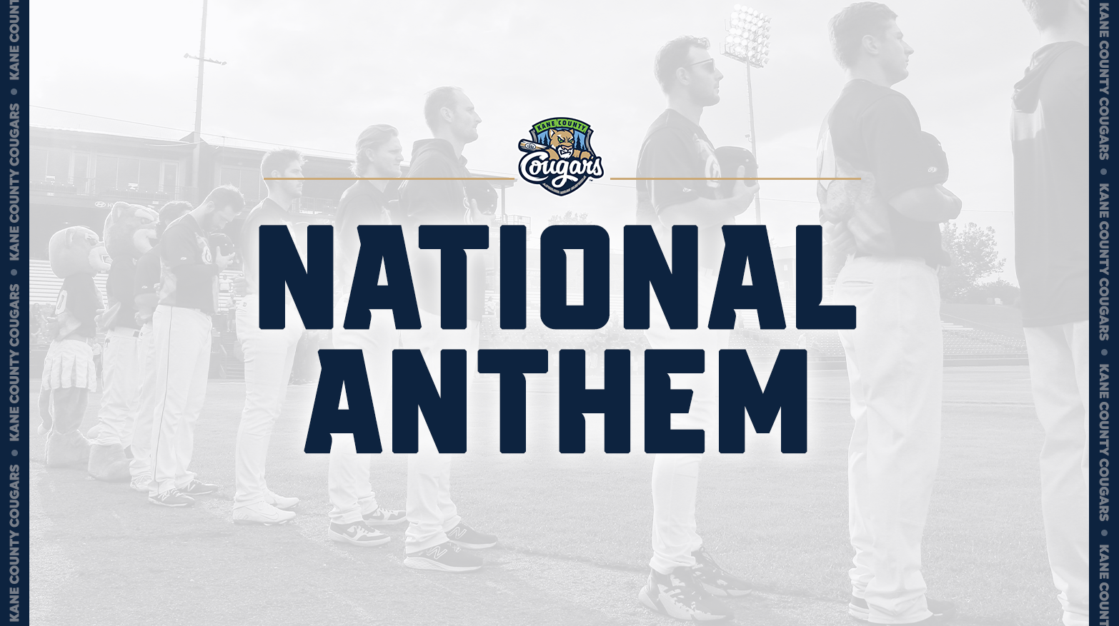 Kane County Cougars National Anthem event with players standing on a baseball field, hands on hearts, and a logo at the top.