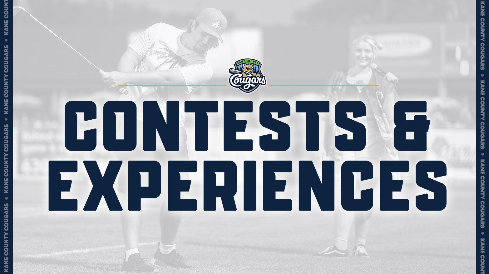 Kane County Cougars promotional image featuring "Contests & Experiences" with a blurred sports scene in the background.