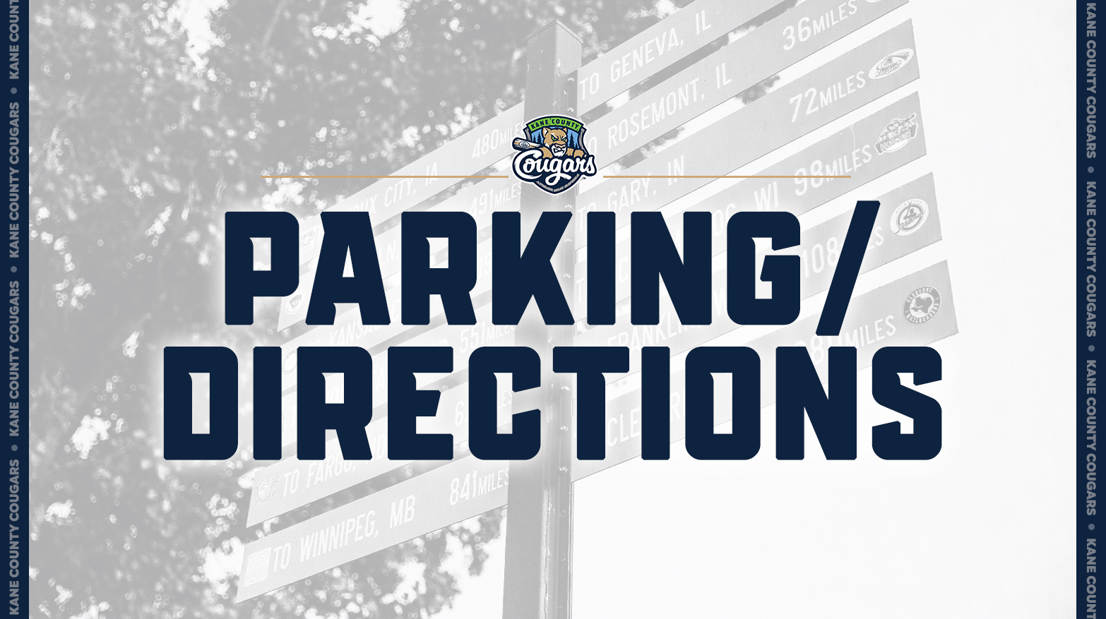 Background of directional signpost with large text "Parking/Directions" and Kane County Cougars logo.
