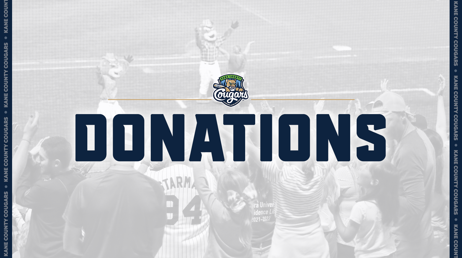 Kane County Cougars donations page with mascot in background and cheering crowd.