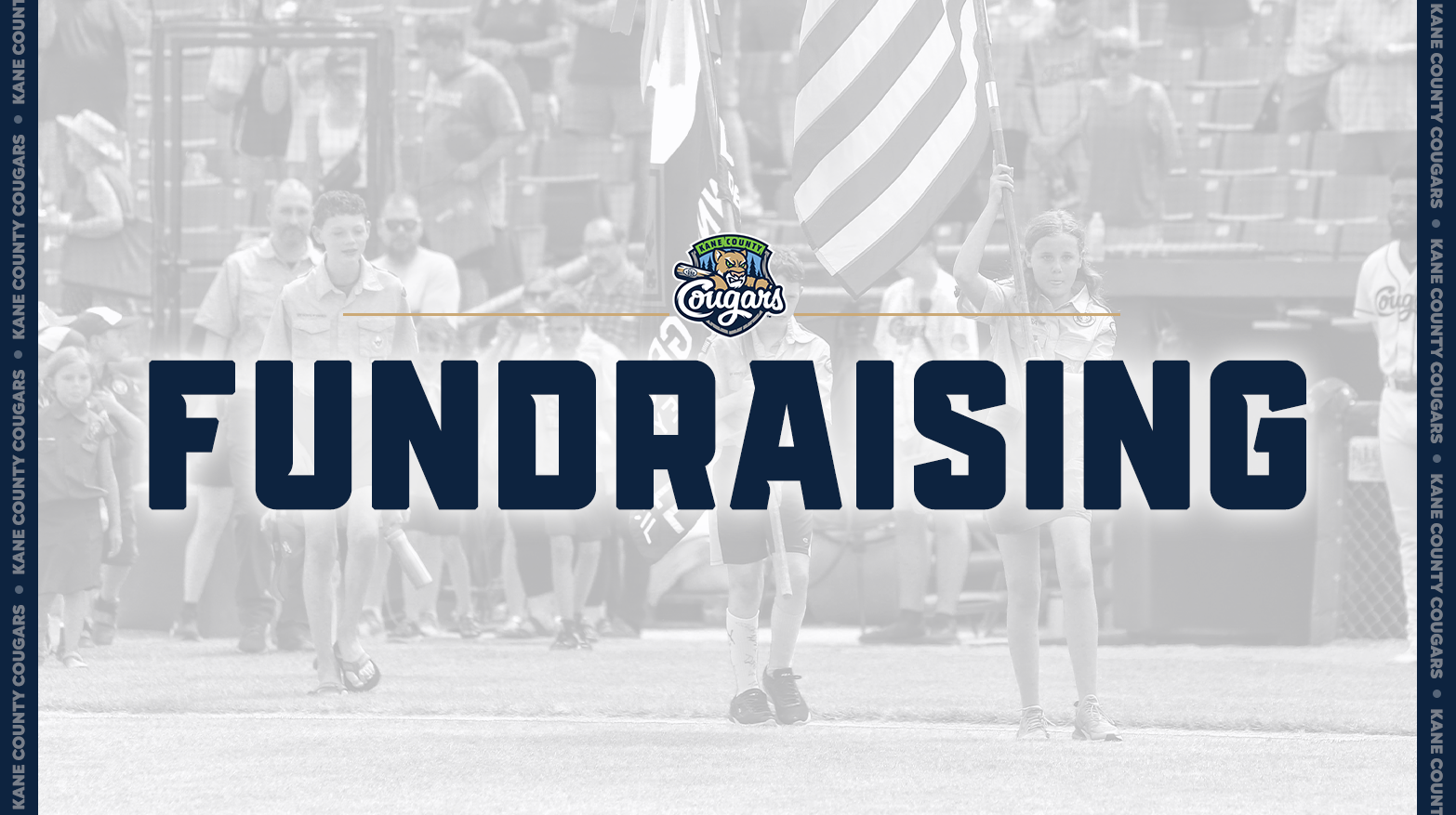Kane County Cougars fundraising banner with people holding flags in the background.