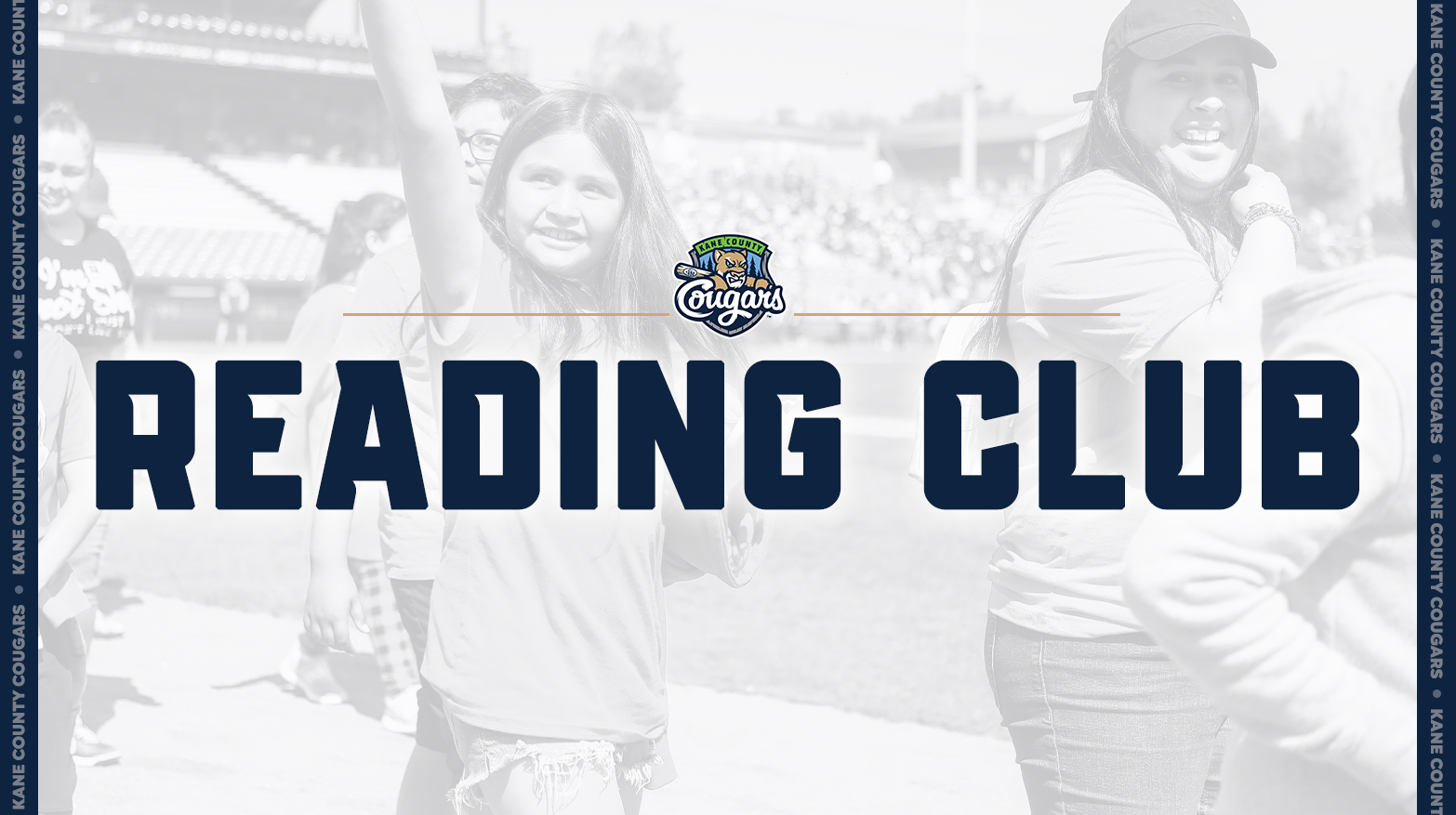 Kane County Cougars Reading Club banner with group of smiling people in the background.