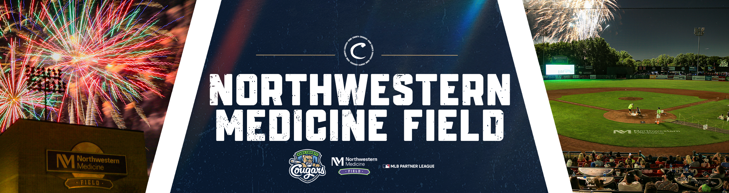 Northwestern Medicine Field banner with fireworks, baseball game, and Kane County Cougars logos.