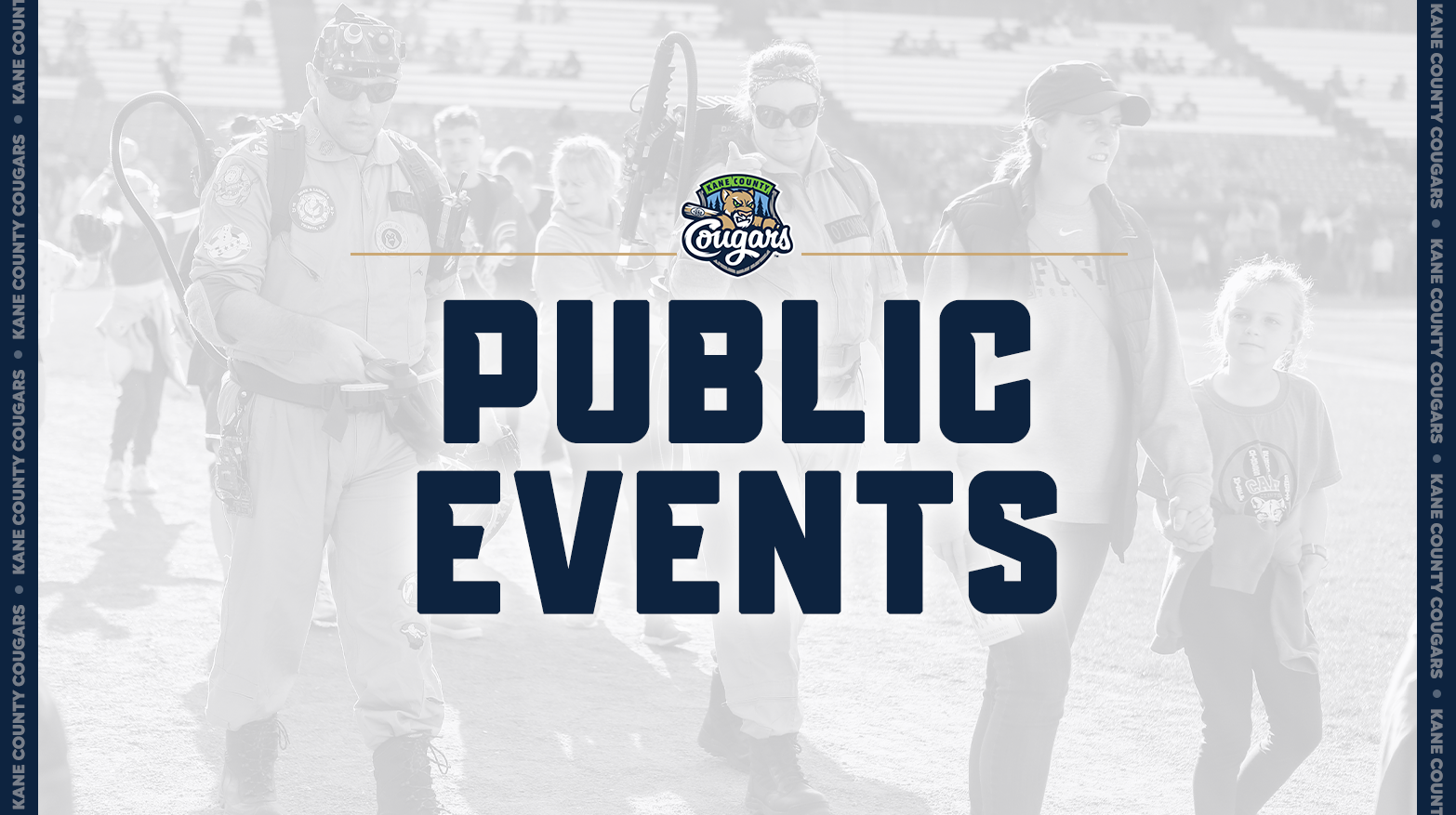 Kane County Cougars public events announcement with people in the background, including individuals in costume.