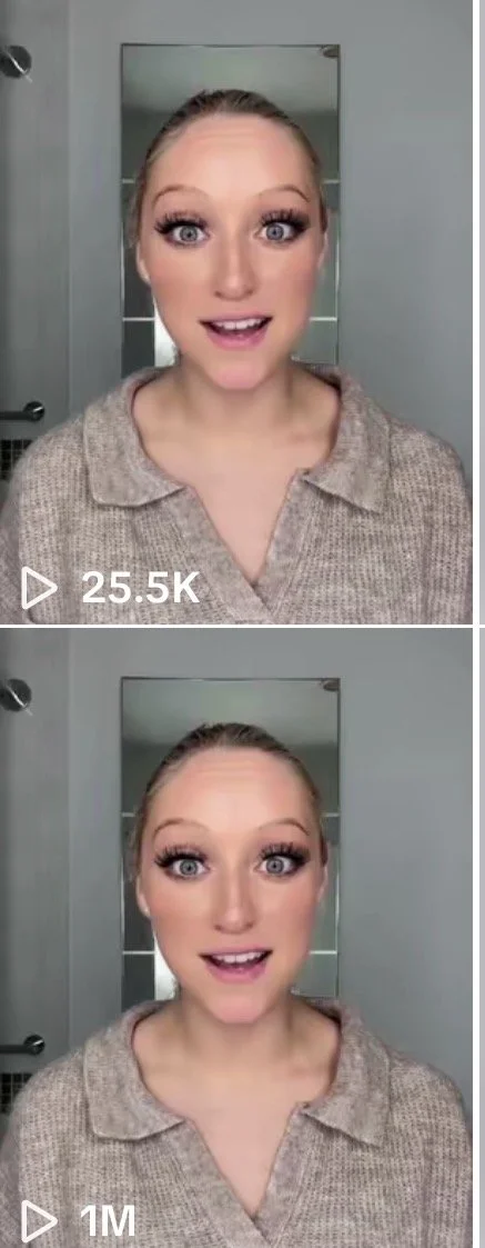 A woman with blonde hair tied back, wearing a beige sweater, taking a selfie or recording a video in a bathroom, with a mirror behind her. The image shows two frames of her, one with 25.5K views and the other with 1 million views.