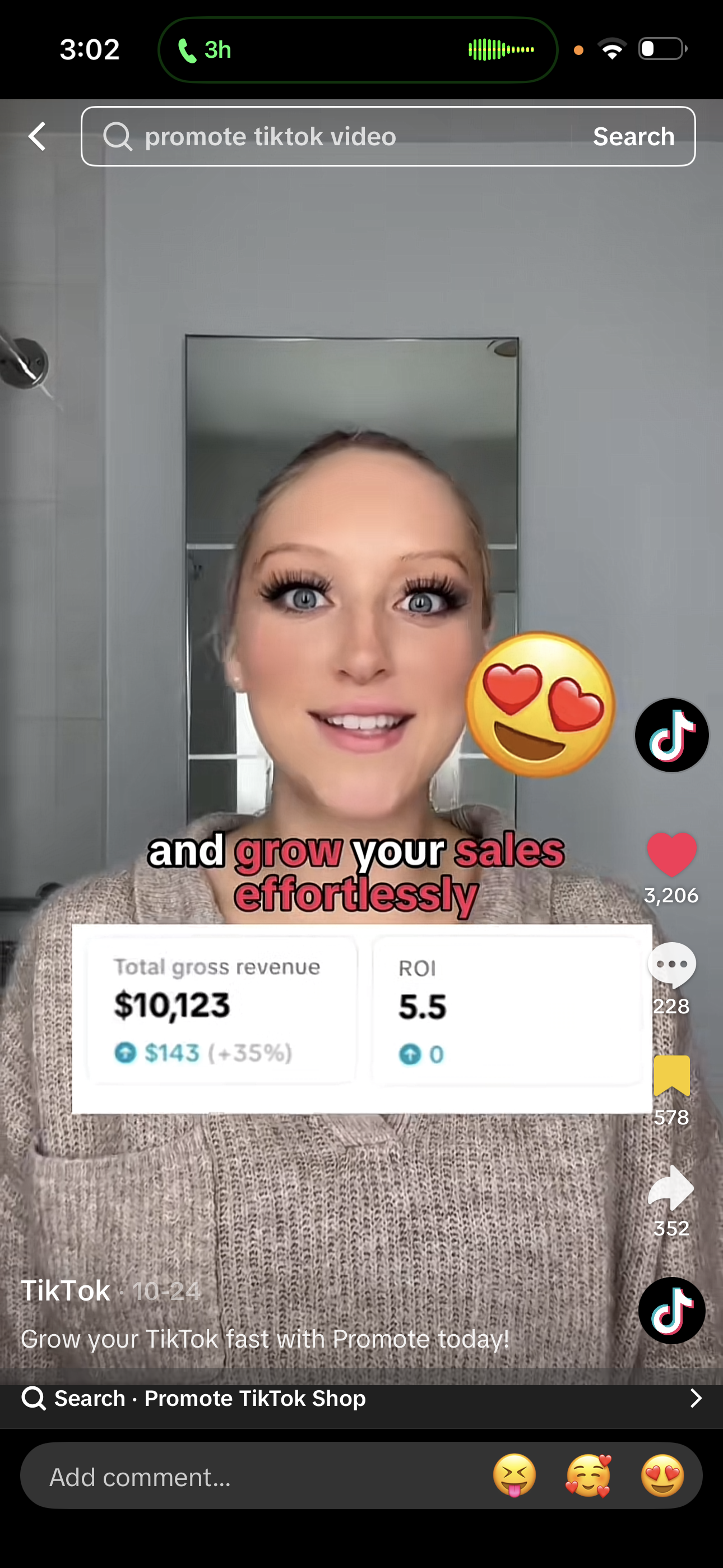 A woman with blonde hair and blue eyes is smiling at the camera in a bathroom mirror. The screen shows a TikTok video promoting TikTok video promotion services, with text overlay reading 'and grow your sales effortlessly' and displaying revenue and R