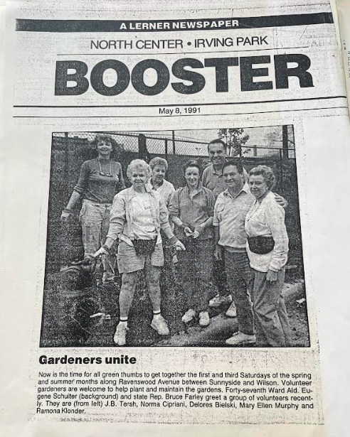 A black-and-white newspaper article from May 8, 1991, in the North Center Irvine Park section of the Booster newspaper. The article features a group photo of seven people, including men and women, standing outdoors in front of a fence. The caption reads "Gardeners unite."