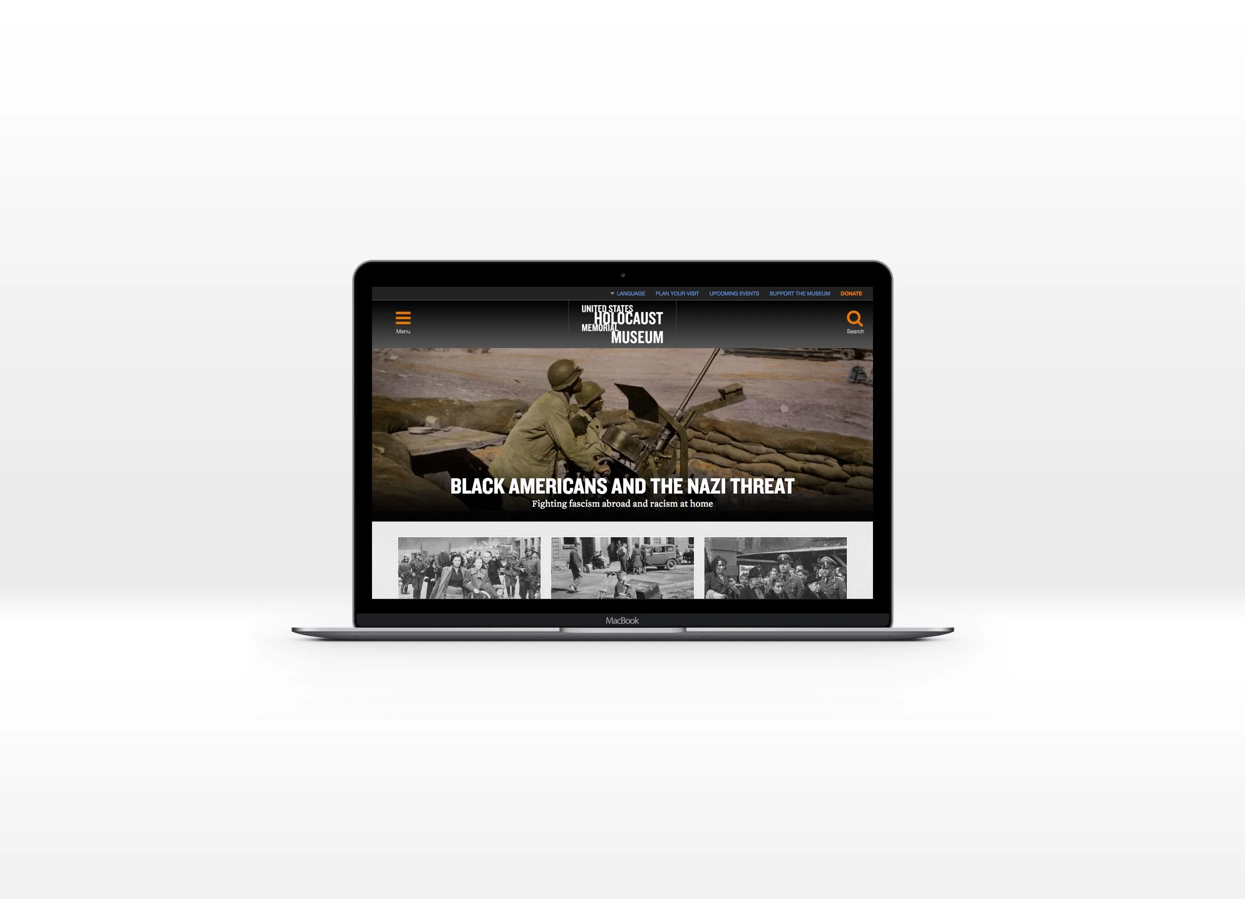 The image heavy home page of the United States Holocaust Memorial Museum. The main image is on top and appears full width of a military person manning a machine gun. Three smaller greyscale images appear beneath the main image.
