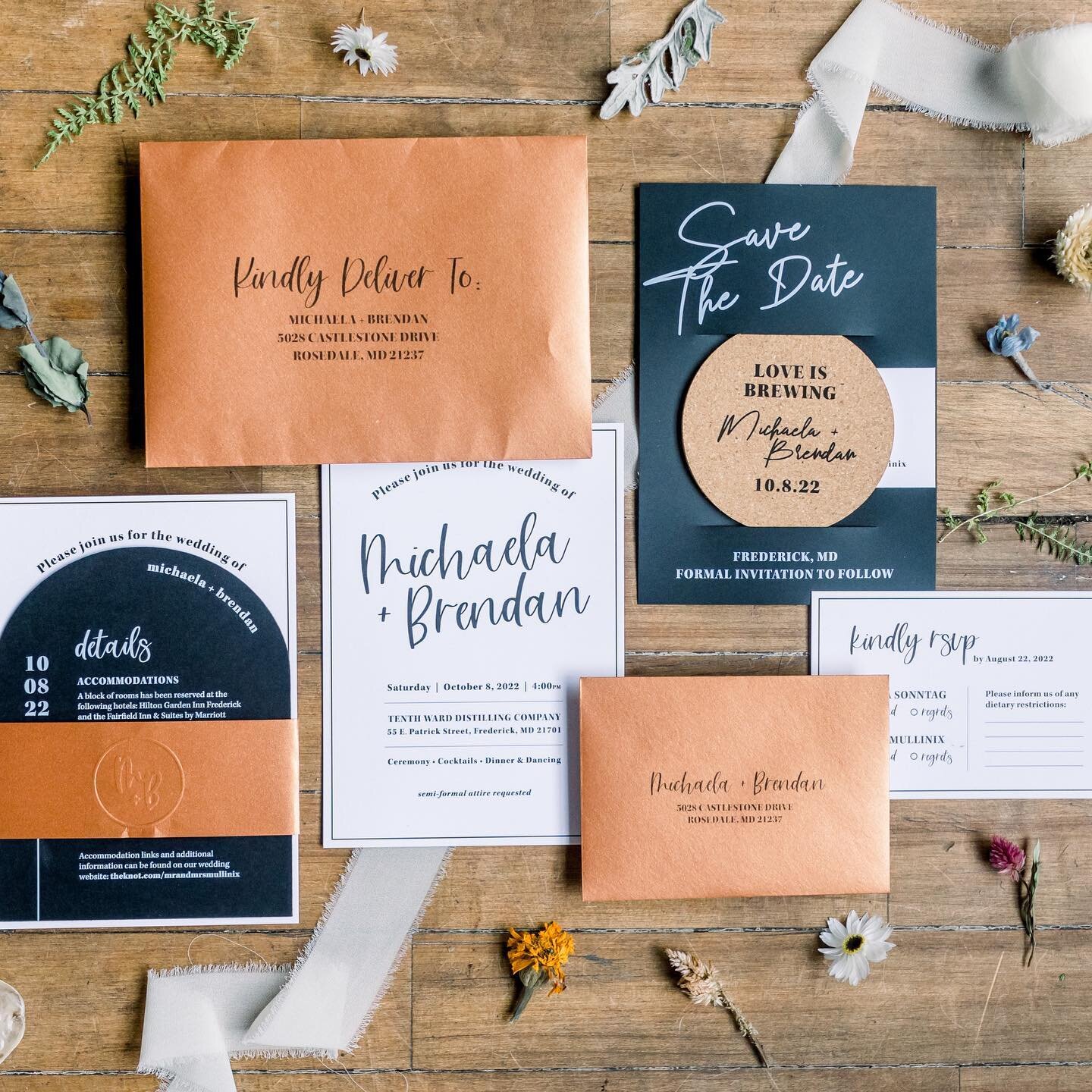 Michaela &amp; Brendan's invitation suite was modern but chic. It included cotton paper, die cut detail cards, a kiss-embossed wedding seal, copper envelopes, and matching belly bands. They also opted to put guests names on all reply cards to avoid c