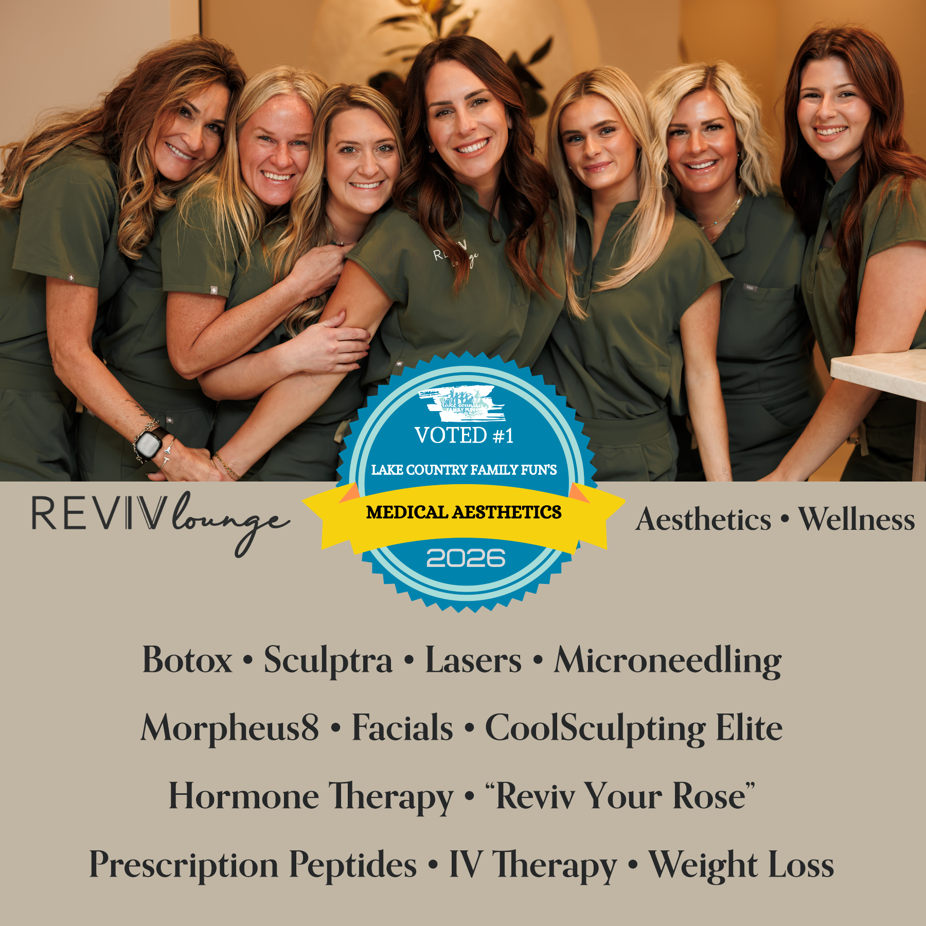 Reviv Lounge was voted the best med spa in Lake Country and Waukesha County by Lake Country Family Fun's community.