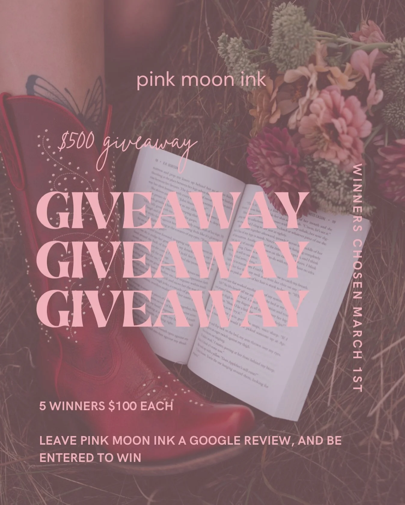 ITS TIME FOR A GIVEAWAY🧚🏼&zwj;♀️ 

All you have to do to be entered is:

1. Leave Pink Moon Ink a Google review✨
2. Follow this account✨
3. Repost this post✨

Comment your favorite book for an extra entry📚

There will be 5 winners of $100 each🫶🏼