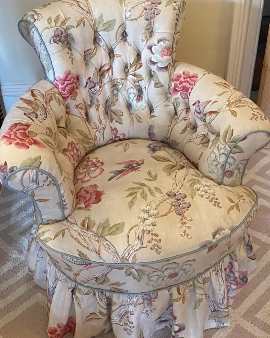 Little chair just finished for a bathroom.  Was asked to show as many birds in the pattern as possible, bespoke.  Had to completely replace sprung seat.  #upholstery #chairs #button back chair #bespoke #upholstery details #upcycle furniture #upholste