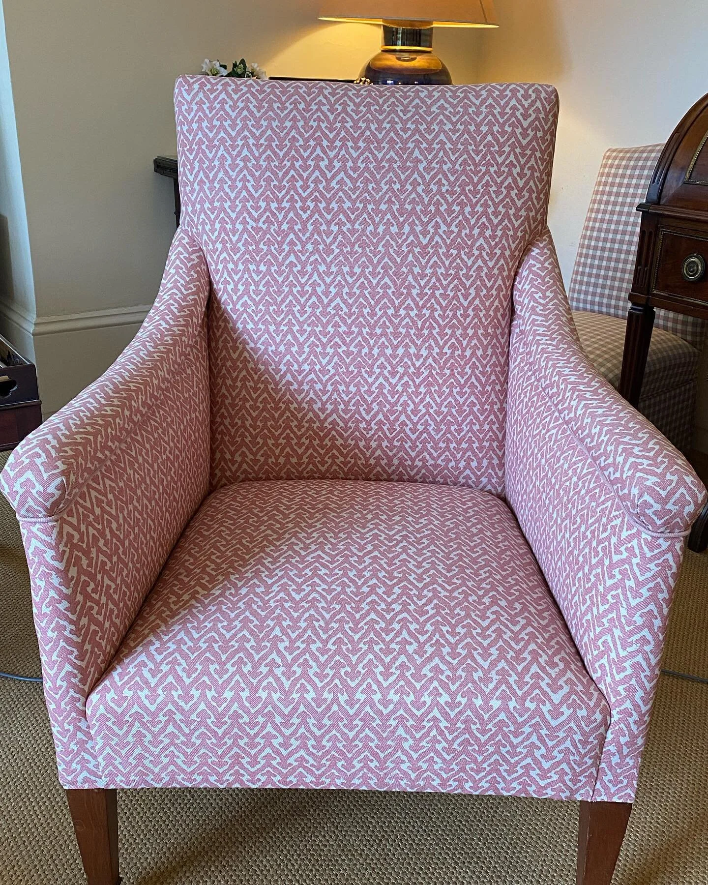 One of the final chairs for AMUSF upholstery diploma course I completed last summer.  Traditional chair with spring back and seat. Fabric from Fermoie and piping from Samuel and Sons.