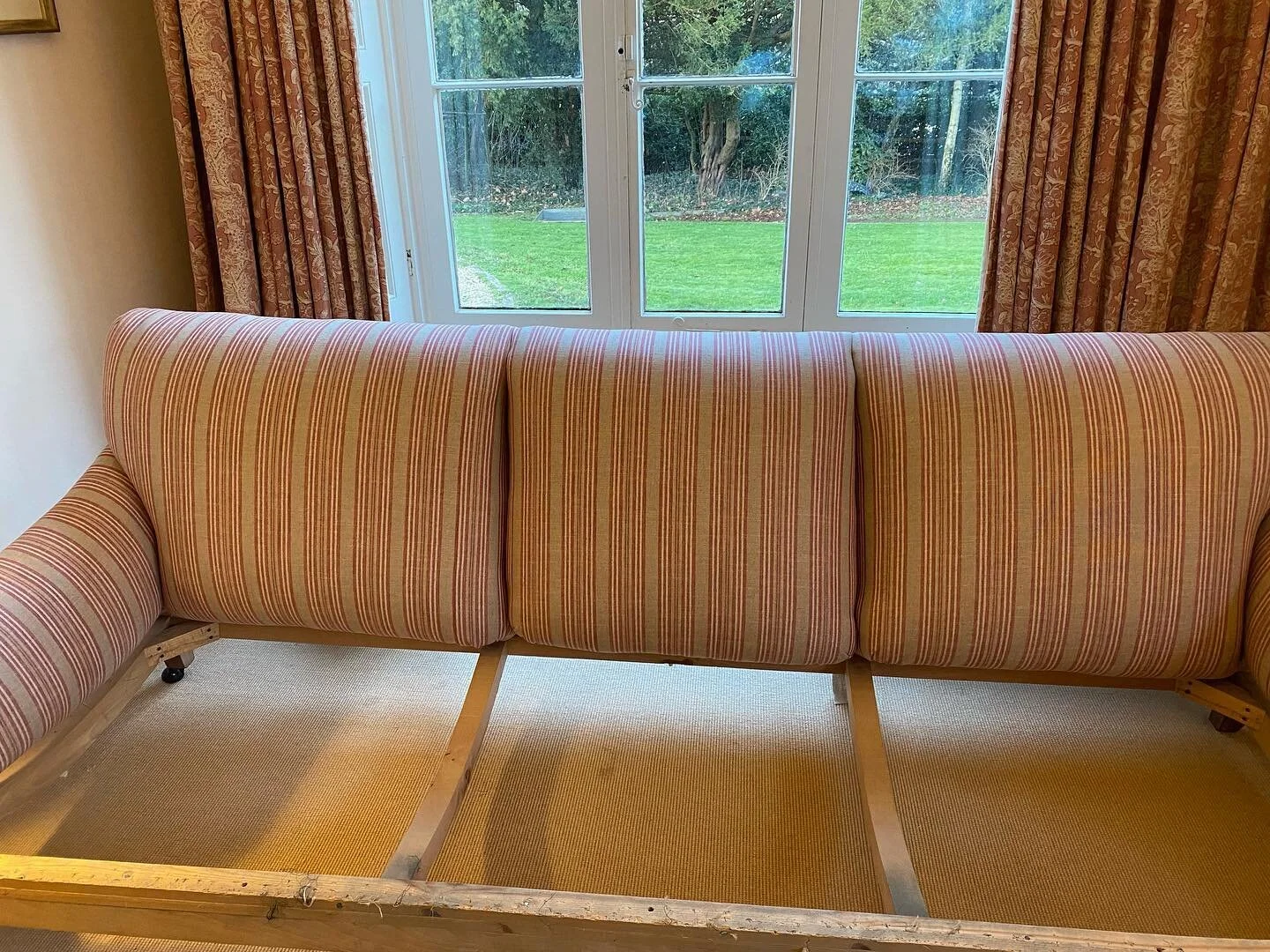 Current project, base and springs to do next.  Love this Ian Mankin stripe