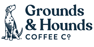 Logo of Grounds & Hounds Coffee Co., featuring a stylized dog and the company name.