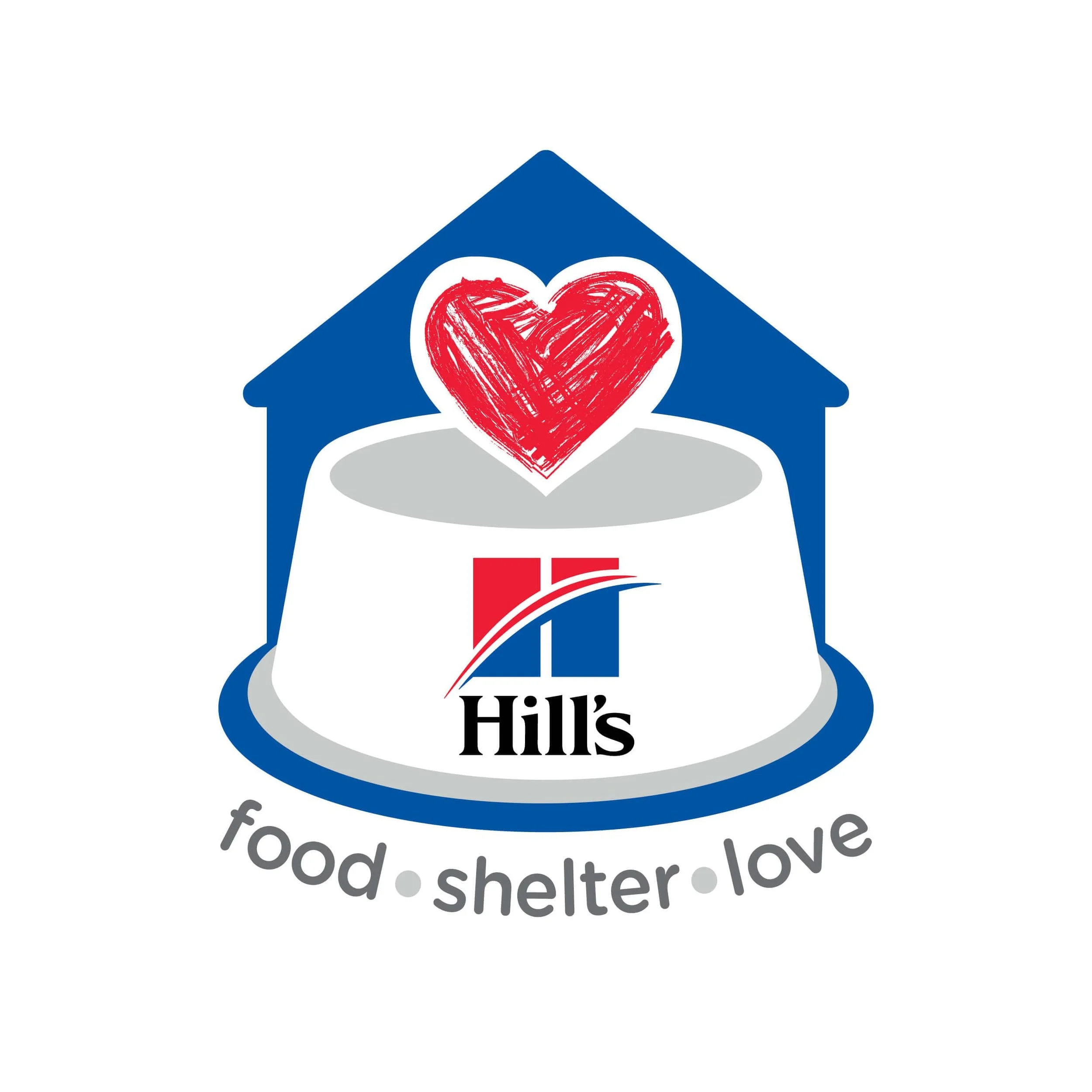 Graphic logo for Hill's organization featuring a house, a heart, and a bowl with the Hill's logo, and the words 'food shelter love' underneath.