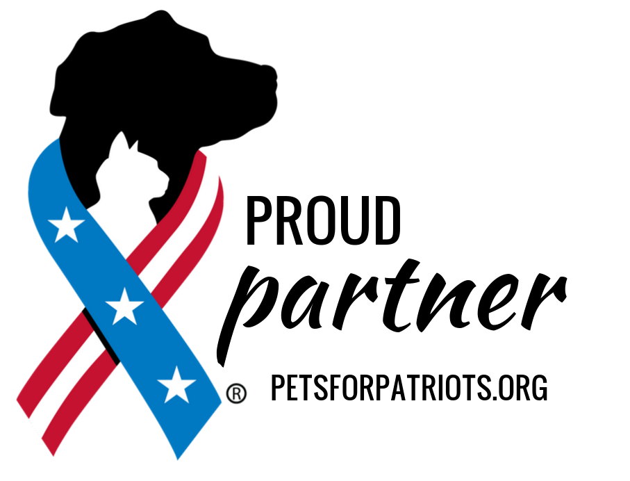 A ribbon with the colors and patterns of the American flag, featuring red, white, and blue with stars, alongside an outline of a cat's profile and the words 'Support Animal Lovers'.