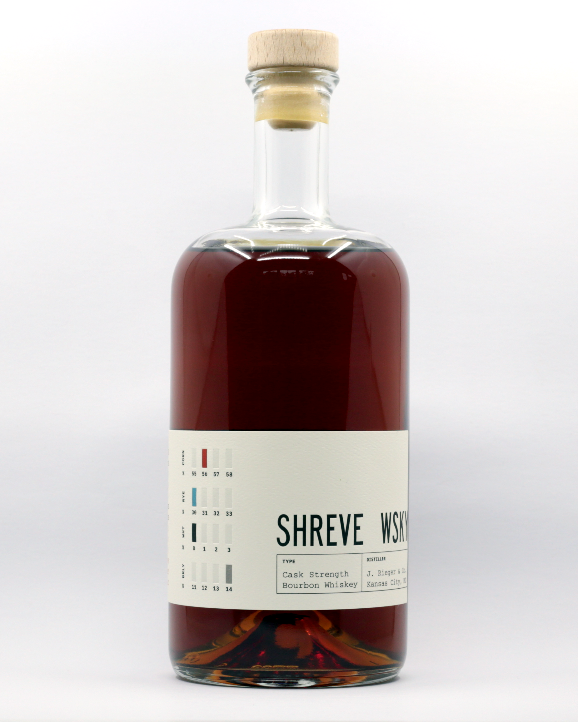 A clear glass bottle of whiskey with a light wood cap, filled with amber-colored whiskey, featuring a white cream-colored label with black text and colored boxes.