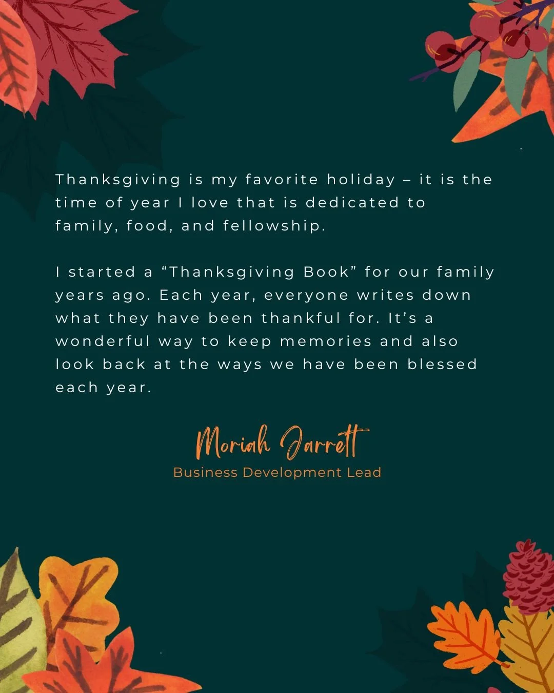 Check out how Moriah Jarrett expresses gratitude and keeps a thankful mindset this season. Her family&rsquo;s &ldquo;Thanksgiving Book&rdquo; is a beautiful reminder to pause, reflect, and remember the blessings that carry us through each year.

Cont