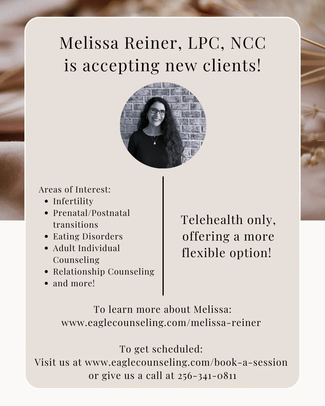 Melissa Reiner, LPC, NCC is accepting new clients and ready to walk alongside you with compassion and care.

Meet Melissa: www.eaglecounseling.com/melissa-reiner

Schedule your session: www.eaglecounseling.com/book-a-session or call 256-341-0811