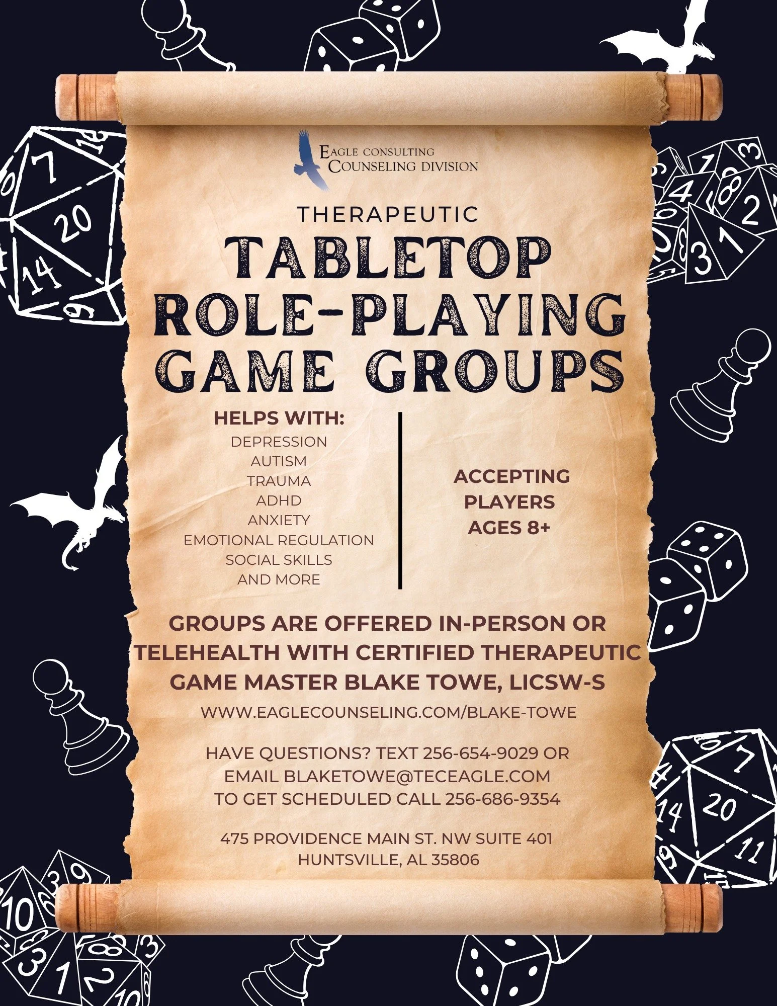 We&rsquo;re excited to introduce Tabletop Role-Playing Therapeutic Game Therapy&mdash;a creative, engaging way to support growth, anxiety, and emotional well-being.

Visit our website or text us to learn more!