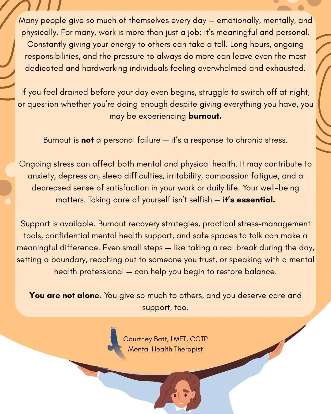 Burnout can happen when you&rsquo;ve been giving so much of yourself for so long. If you&rsquo;re feeling exhausted, overwhelmed, or stretched too thin, you&rsquo;re not alone.

Our professional therapists are here to help you work through burnout an