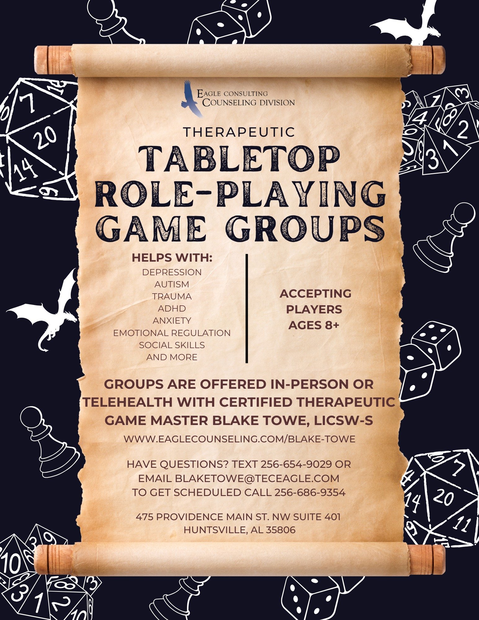 We&rsquo;re excited to introduce Tabletop Role-Playing Therapeutic Game Therapy&mdash;a creative, engaging way to support growth, anxiety, and emotional well-being.

Visit our website or text us to learn more!