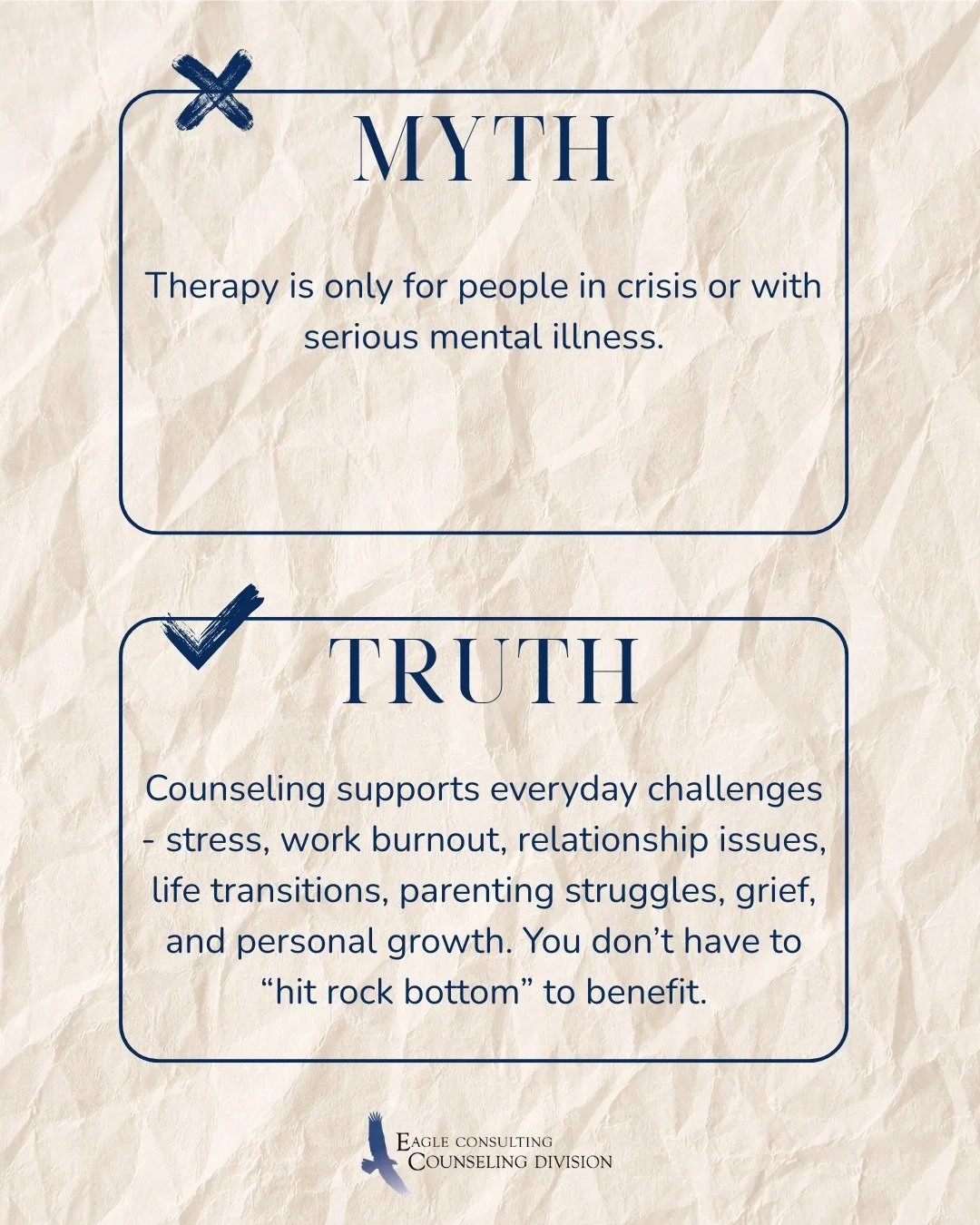 Let&rsquo;s clear the air.
We&rsquo;re debunking common myths about counseling and sharing the truth about therapy.

If you&rsquo;re ready to take that next step, we&rsquo;re here for you.
Have questions? Give us a call at 256-341-0811&mdash;we&rsquo