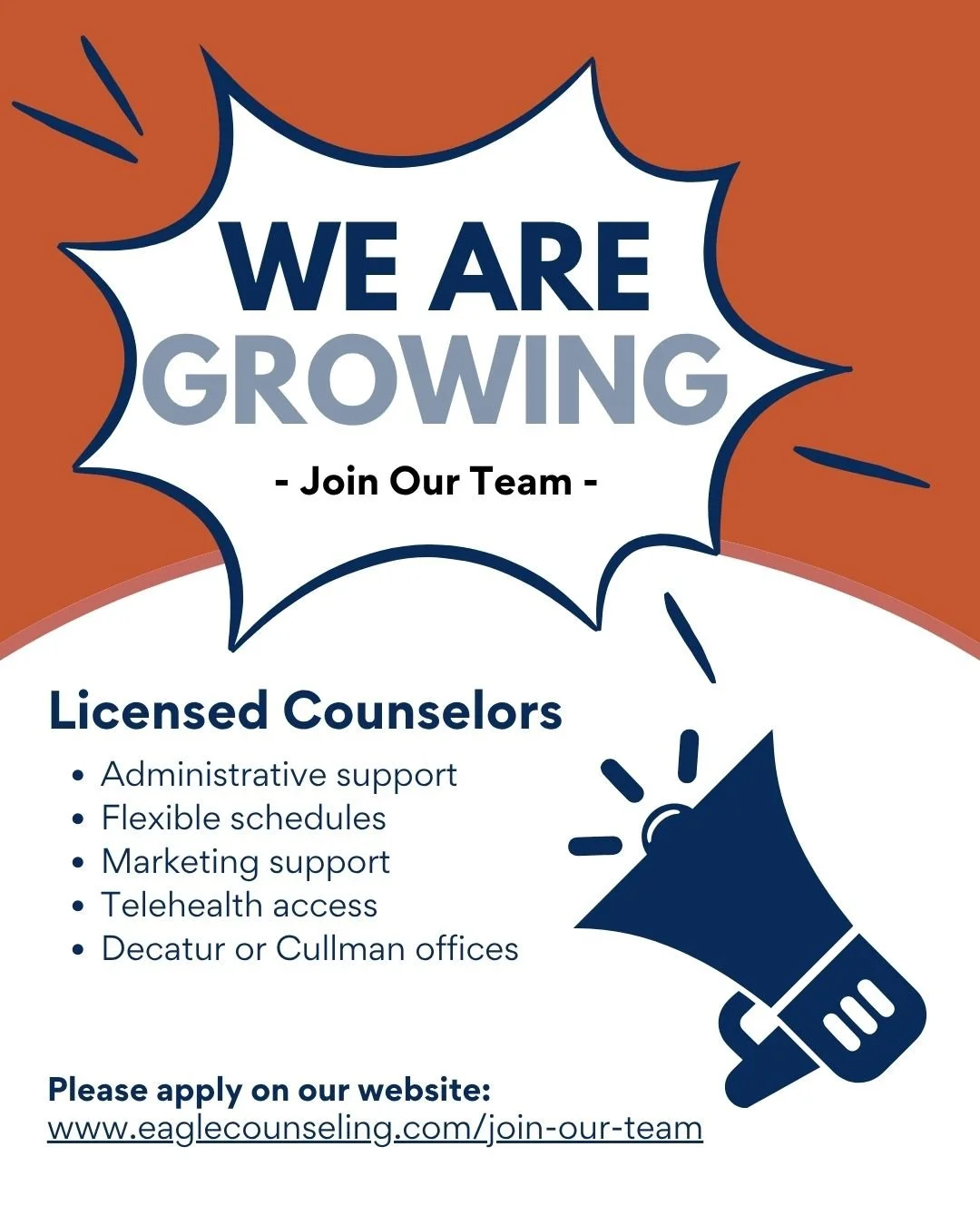 We&rsquo;re excited to keep growing the Eagle Counseling team!

We&rsquo;re currently looking for Licensed Counselors to join us in our Decatur and Cullman offices. If you&rsquo;re passionate about helping others and want to be part of a supportive, 