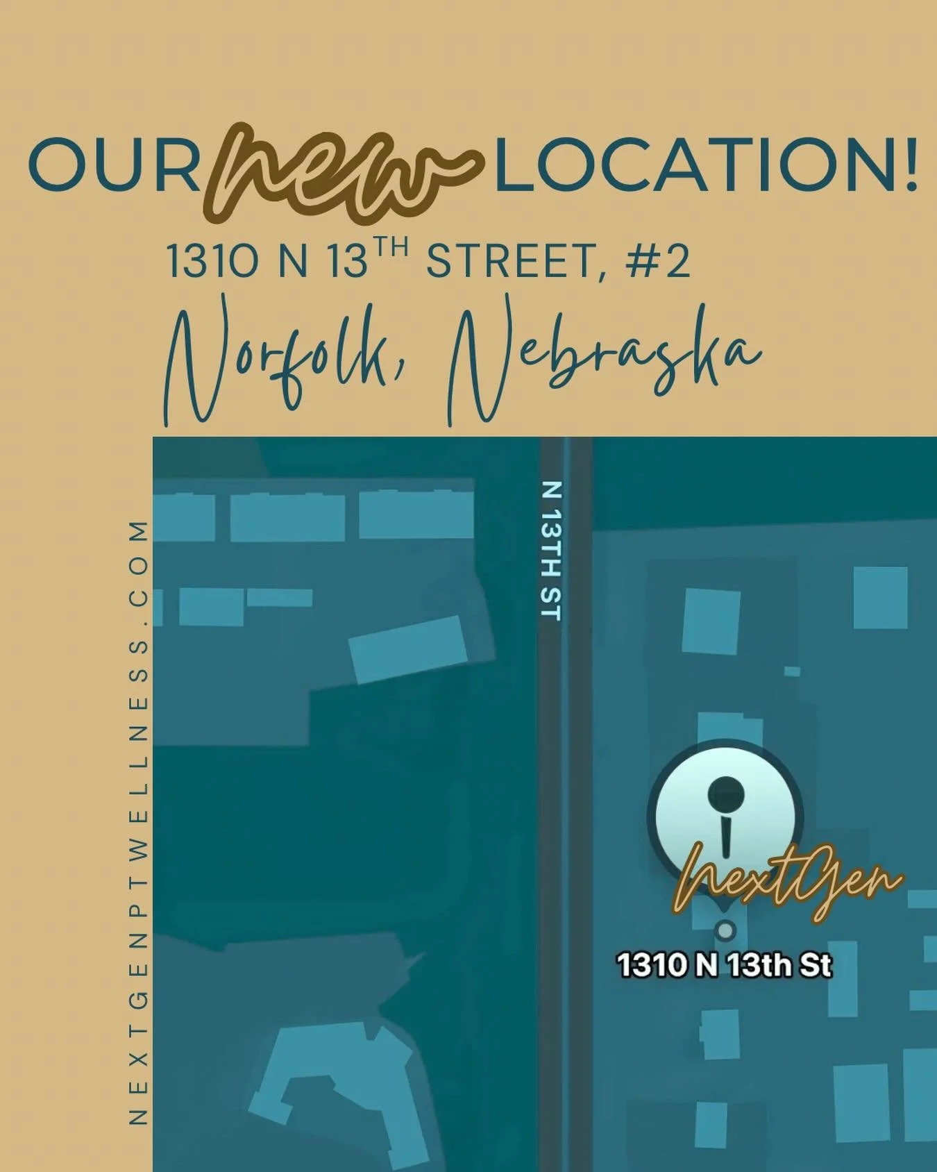 We&rsquo;re excited to share that NextGen is moving into a new location in Norfolk, NE 🎉

Beginning May 12, all new patients will be seen in our new space, as Brenna transitions out of our current subcontracted location as existing cases wrap up. Th