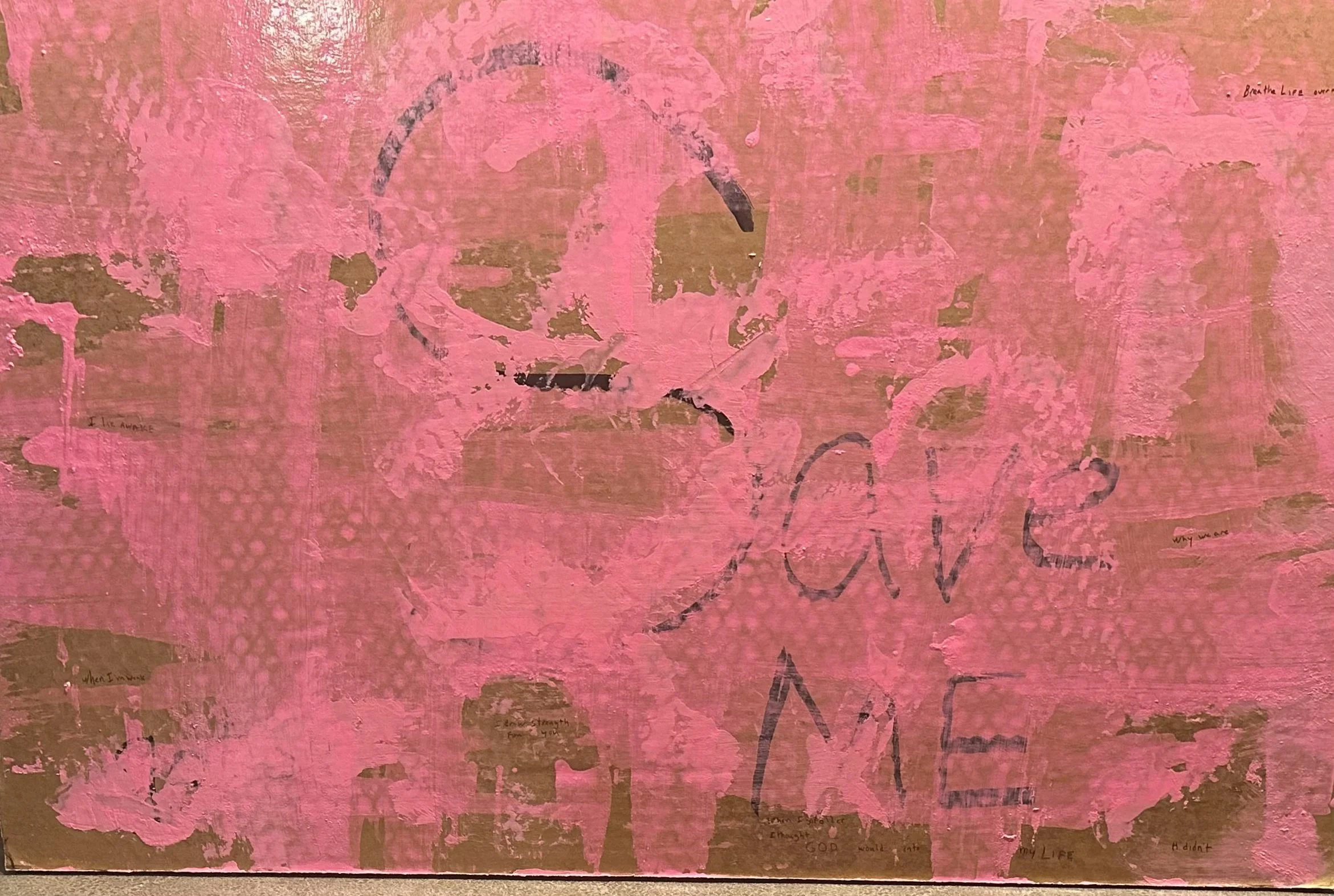 "Love Me, Save Me (recto)" 2026 acrylic and varnish on corrugated cardboard, 3' x 2'