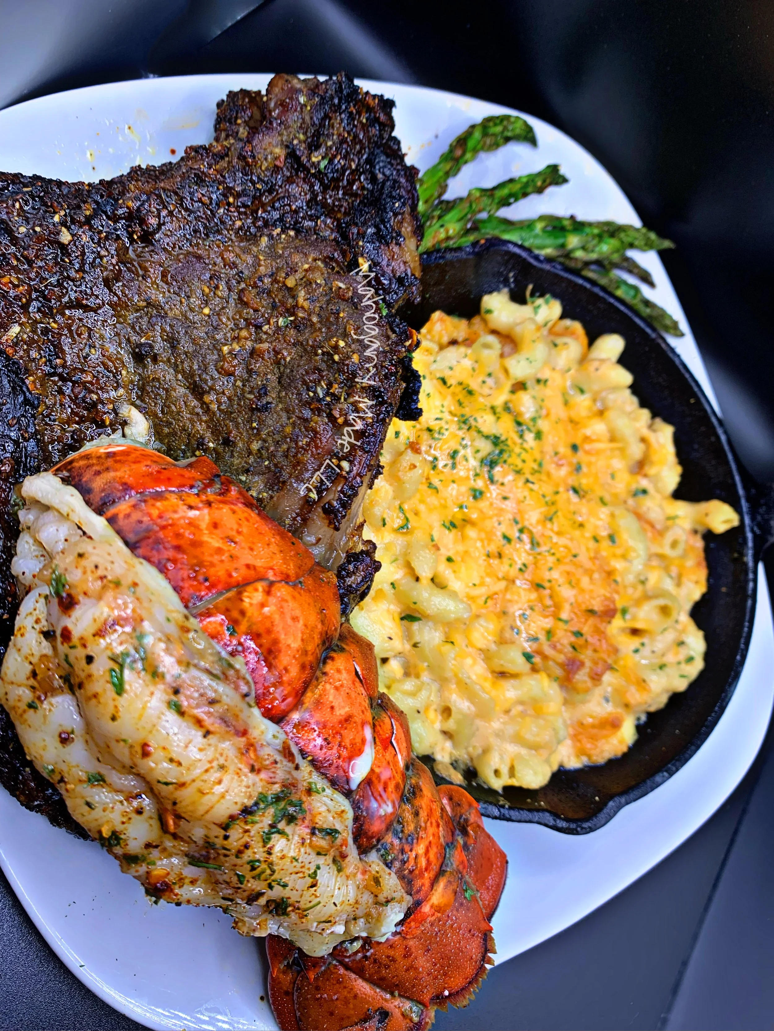 Surf & Turf: Steak & Lobster with Mac & Cheese and Asparagus
