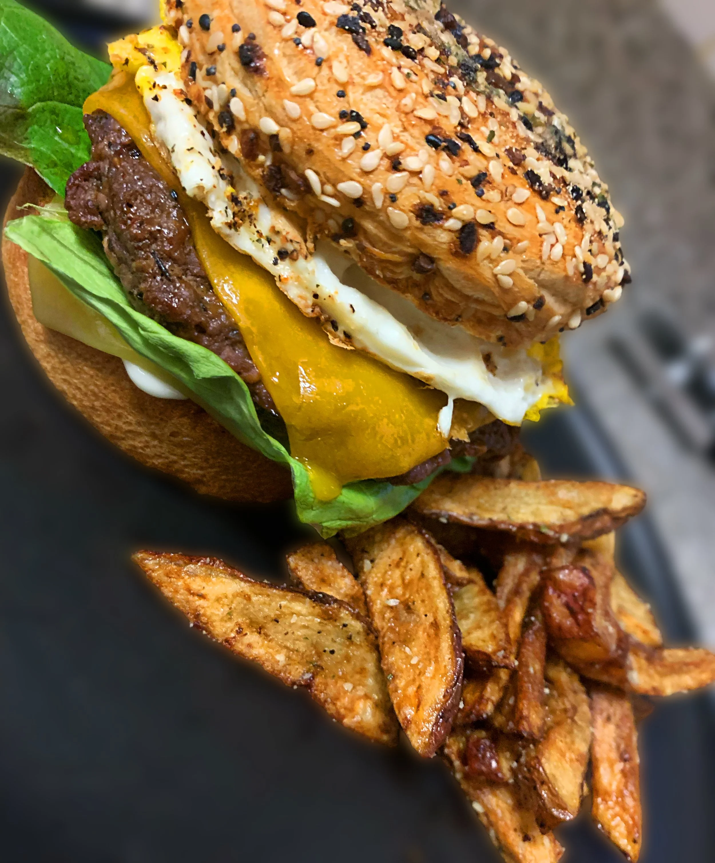 Bison Burger with Fried Egg and Red Skin Potato Fries