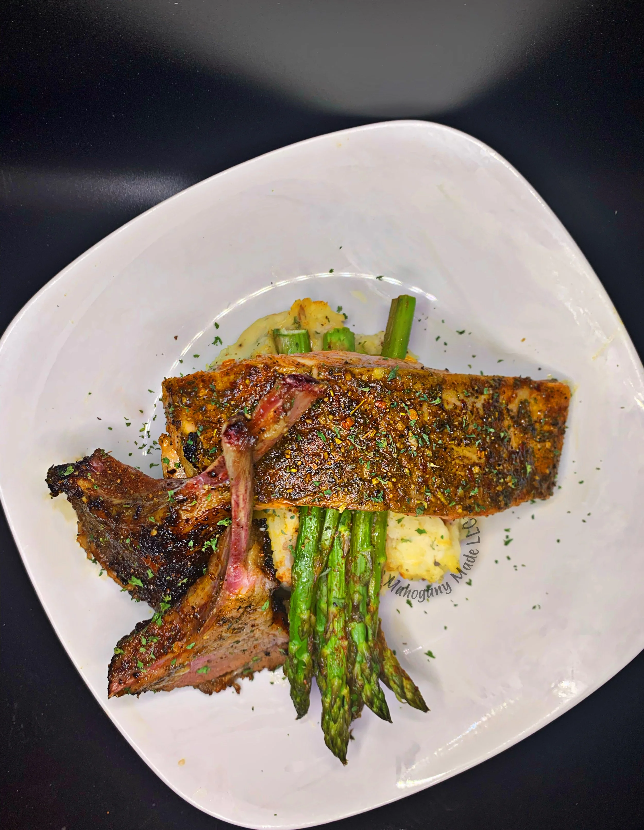 Surf & Turf: Lamb Chops & Salmon over Asparagus and Mashed Potatoes