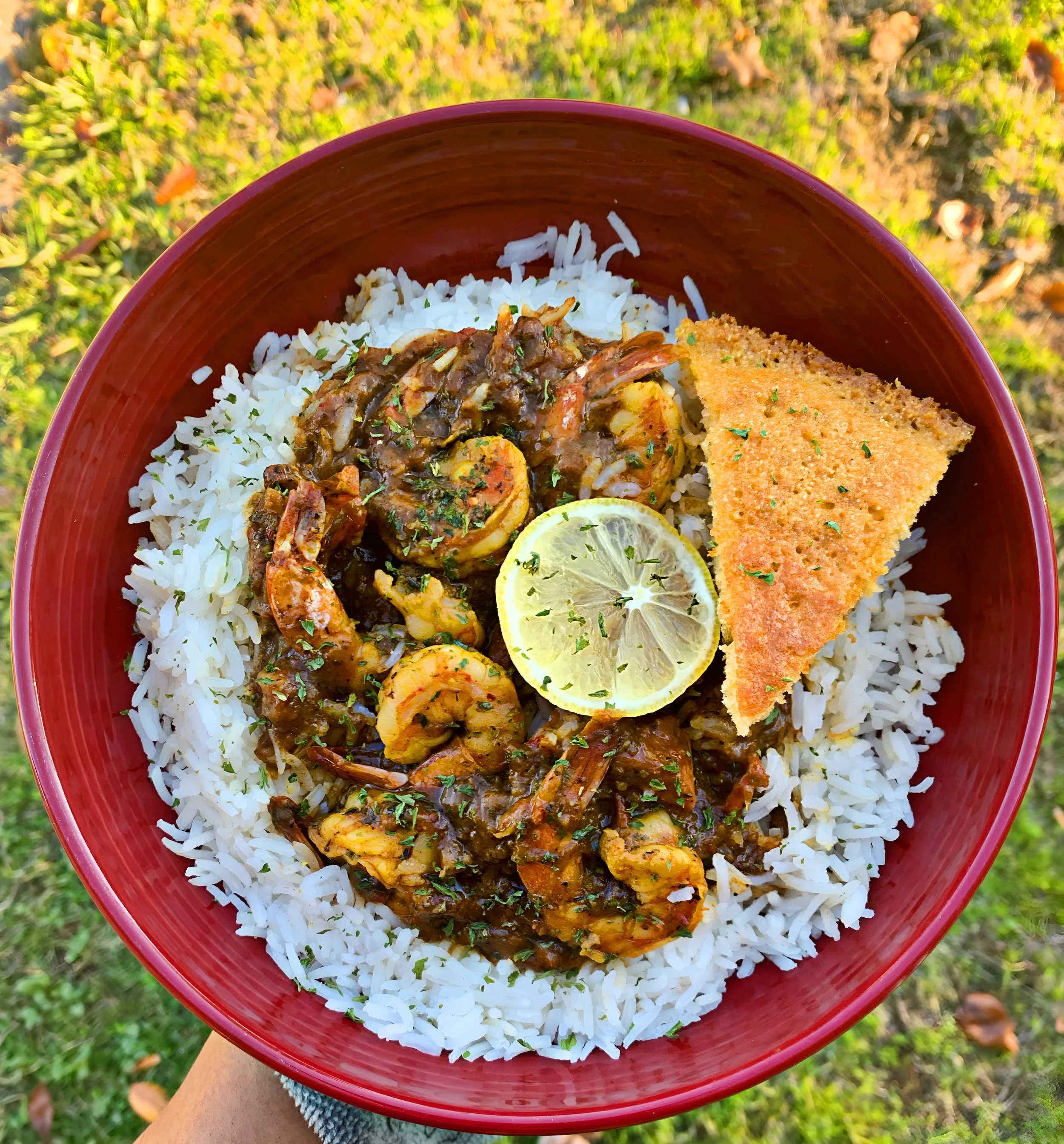 Shrimp, Sausage and Crawfish in Gravy over Rice 