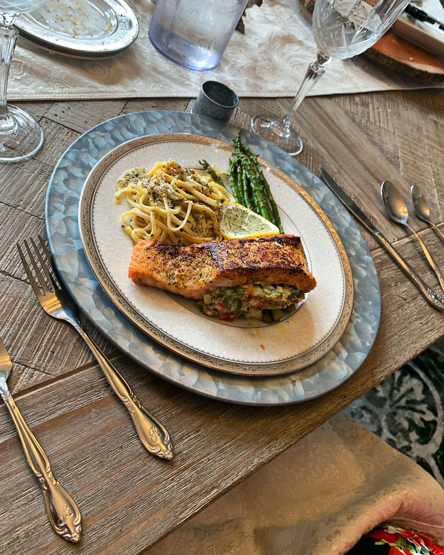 Crab Stuffed Salmon & Alfredo Pasta