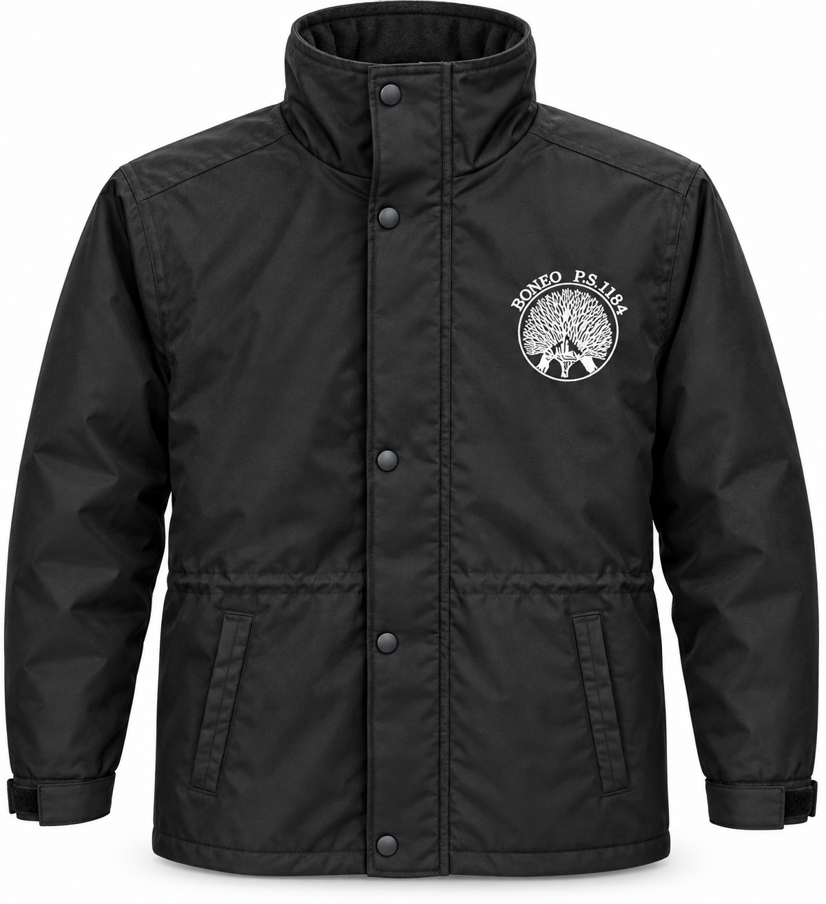 Black jacket with a white logo of a tree and the words 'BONEO P.S 11884' on the chest.