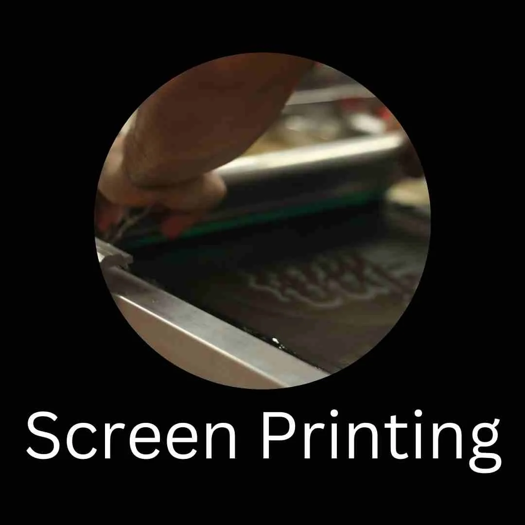 Close-up of a hand holding a screen printing frame with a partially visible design or text, under a black background with the words 'Screen Printing' written below.