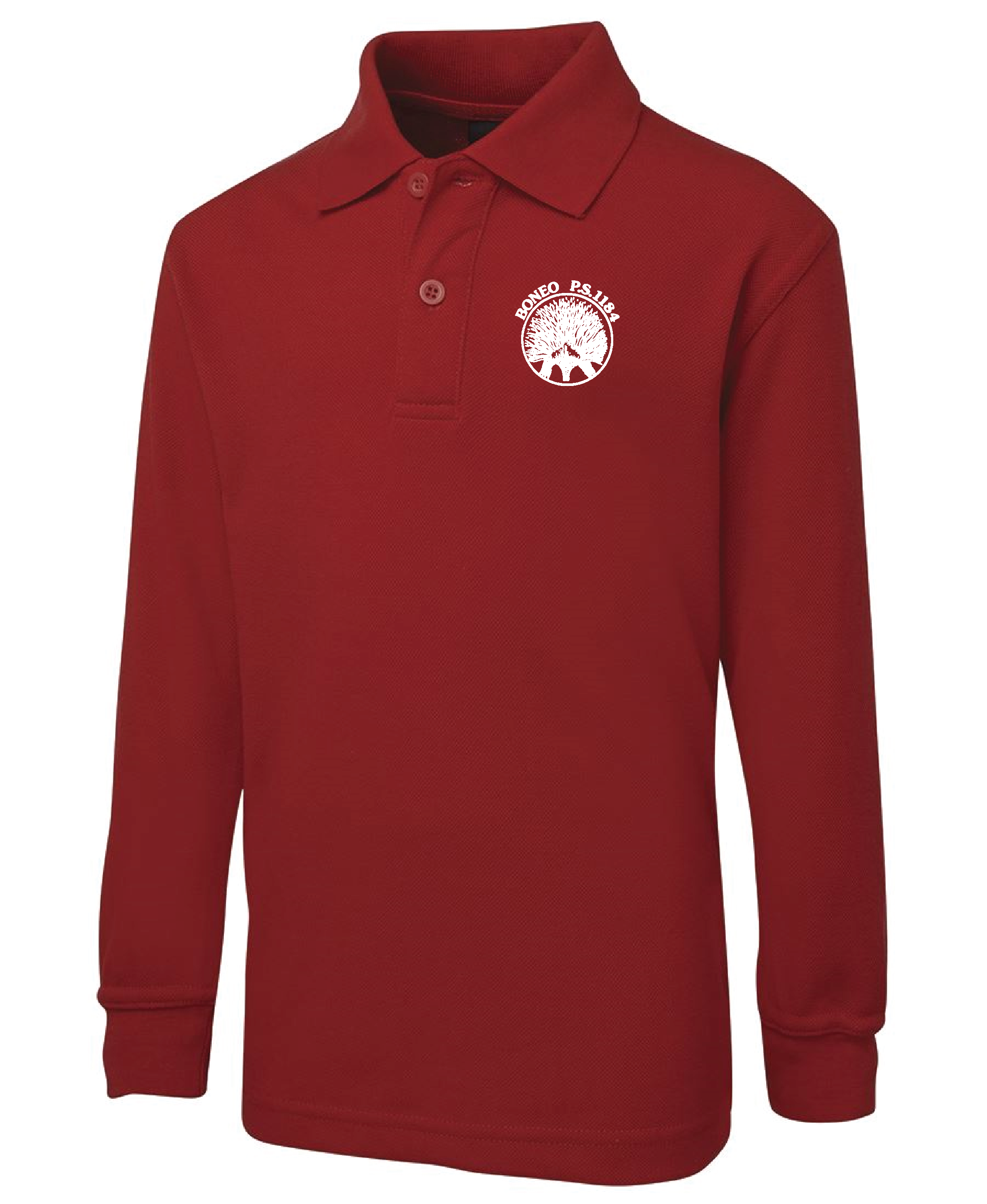 Red long-sleeve polo shirt with a white logo on the left chest that says "BONEO P.S. 184" and features a stylized tree with roots.