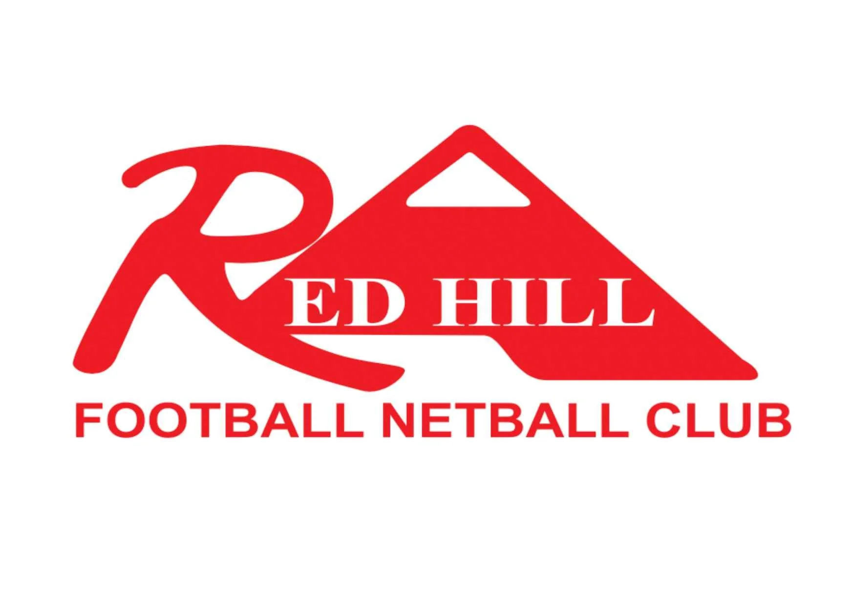 Red logo with a stylized football and mountain, featuring the text 'Red Hill Football Netball Club'.